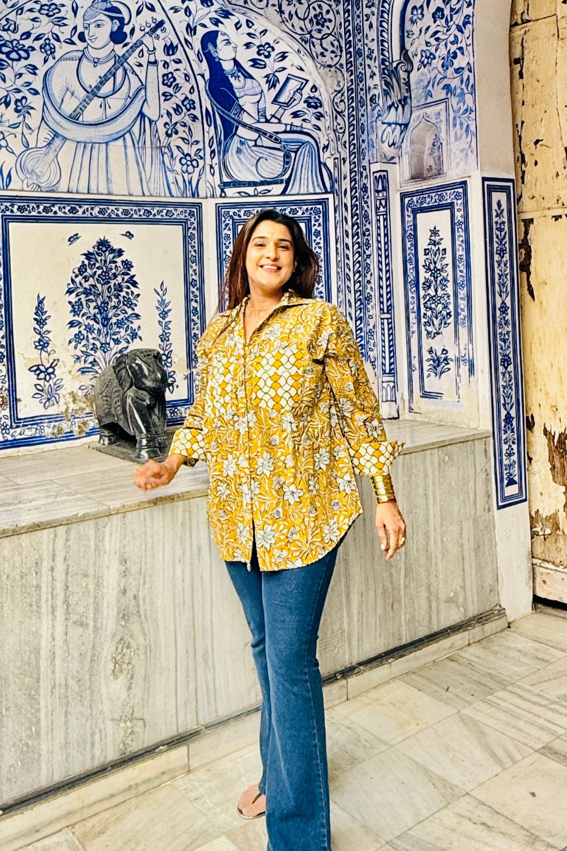 Sunheri Cotton Oversized Mustard Printed Natural Block Printed Shirt - House Of Kaura