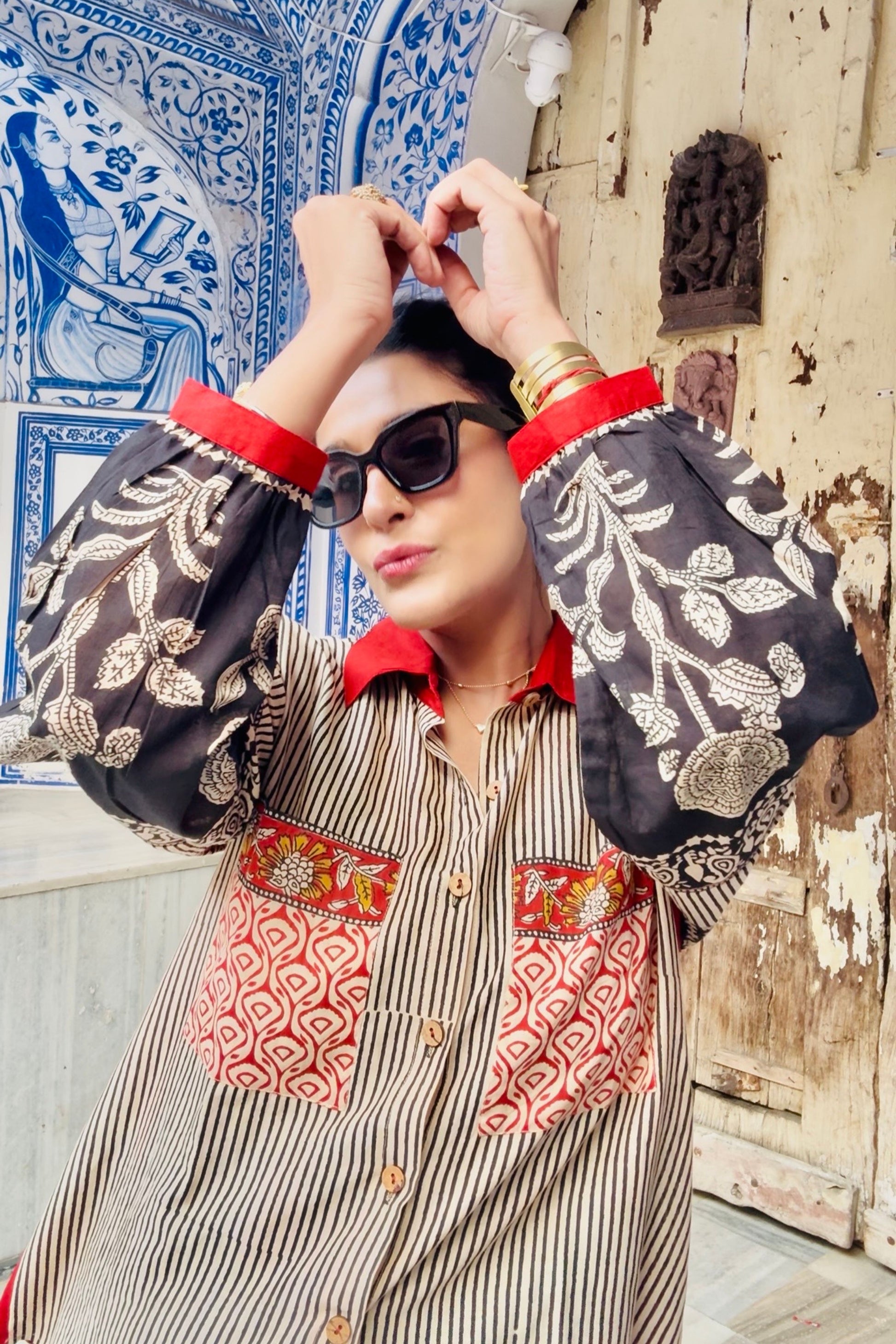 Mehfil Floral Sleeves Natural Hand Block Cotton Oversized Shirt - House Of Kaura