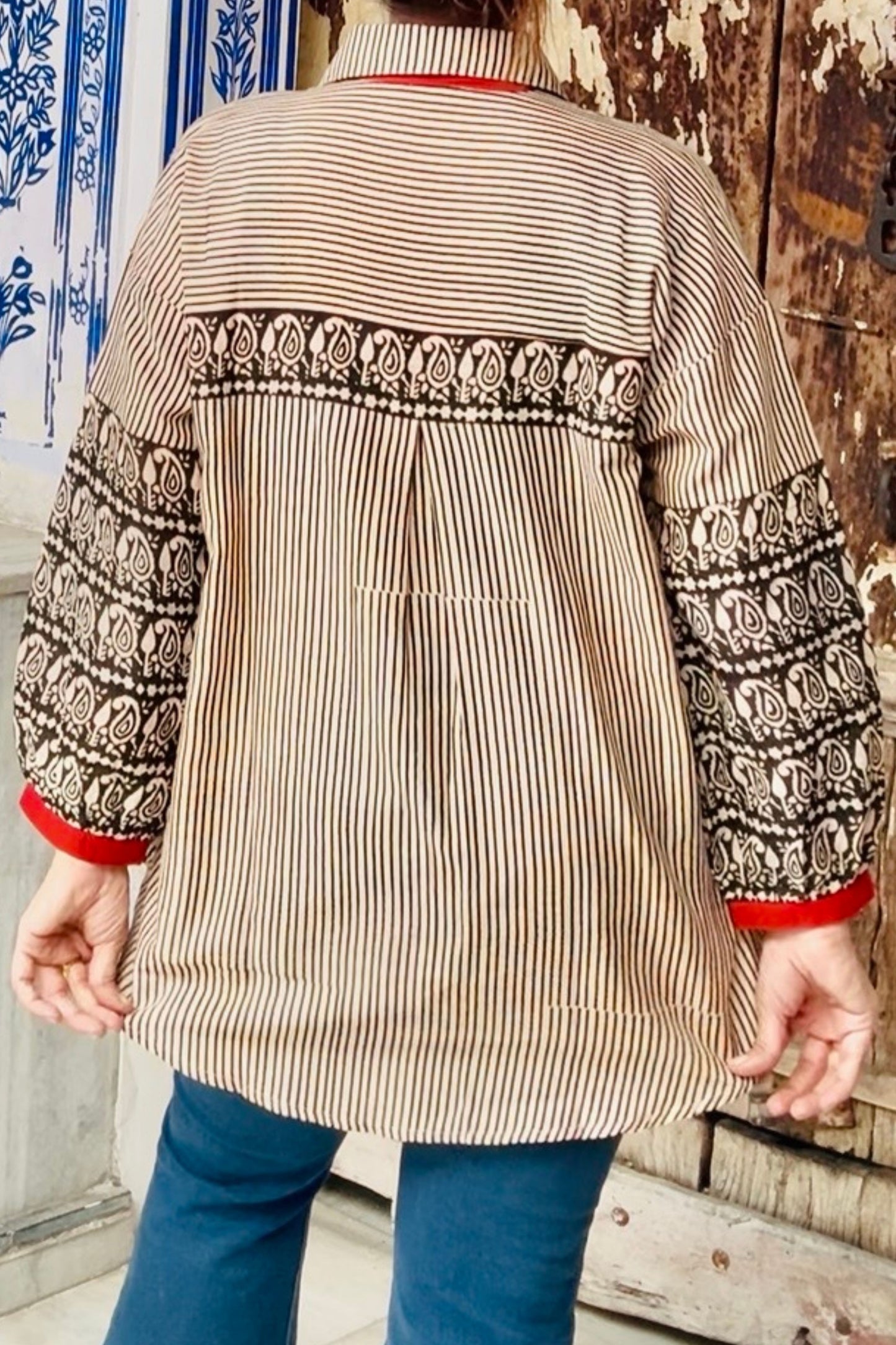 Mehfil Floral Sleeves Natural Hand Block Cotton Oversized Shirt - House Of Kaura