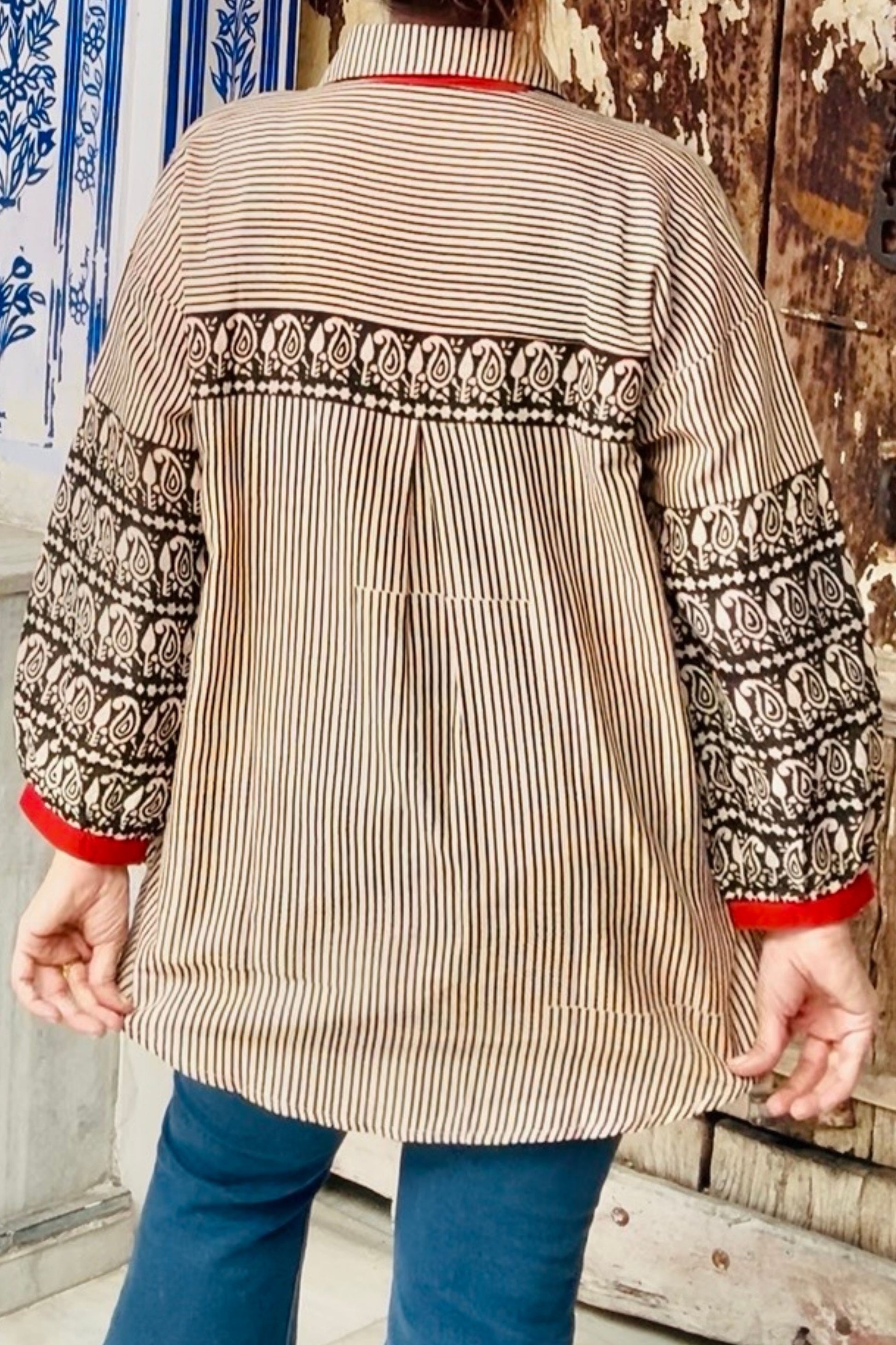 Mehfil Floral Sleeves Natural Hand Block Cotton Oversized Shirt - House Of Kaura