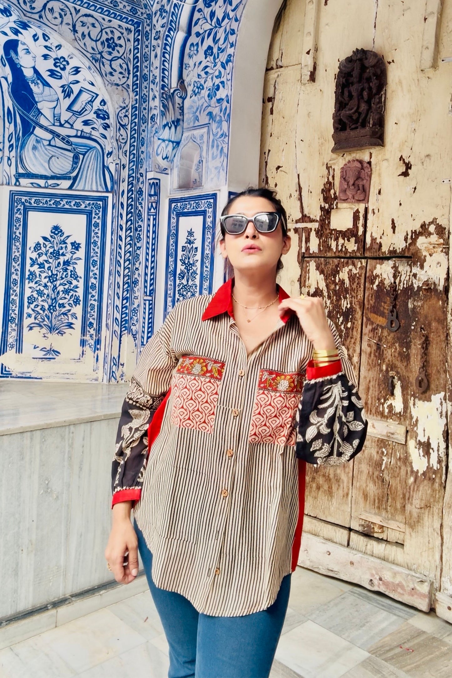 Mehfil Floral Sleeves Natural Hand Block Cotton Oversized Shirt - House Of Kaura