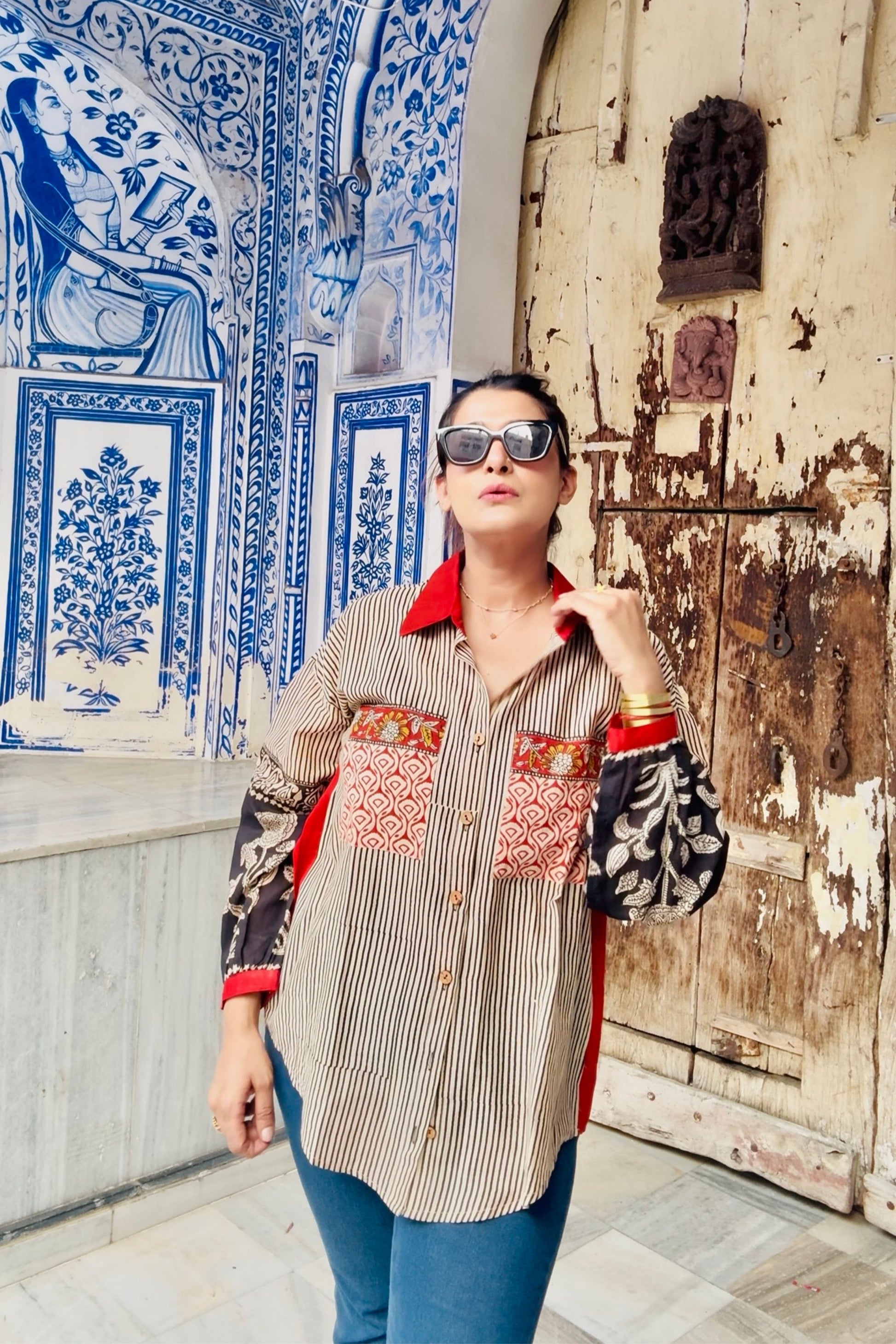 Mehfil Floral Sleeves Natural Hand Block Cotton Oversized Shirt - House Of Kaura