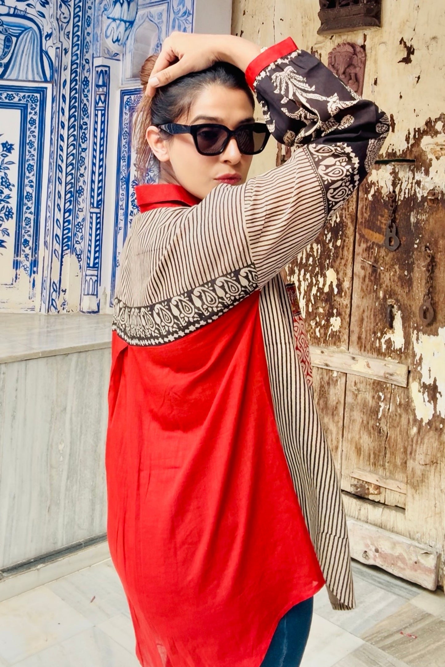 Mehfil Floral Sleeves Natural Hand Block Cotton Oversized Shirt - House Of Kaura