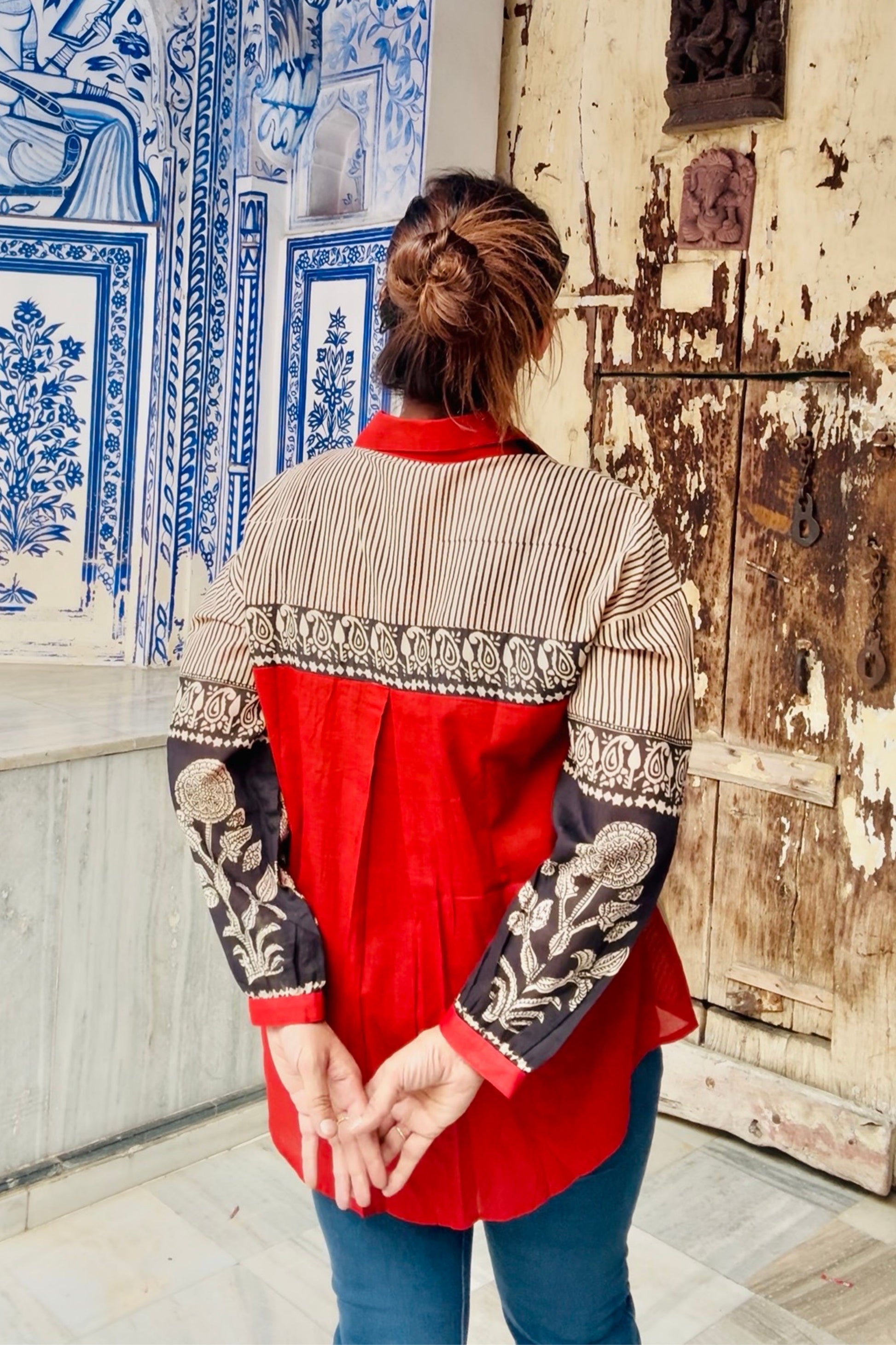 Mehfil Floral Sleeves Natural Hand Block Cotton Oversized Shirt - House Of Kaura