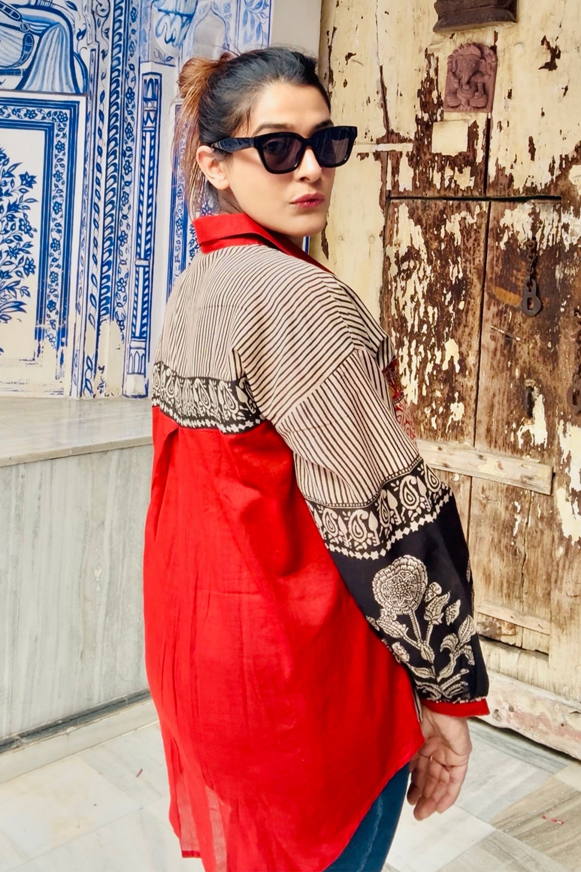 Mehfil Floral Sleeves Natural Hand Block Cotton Oversized Shirt - House Of Kaura