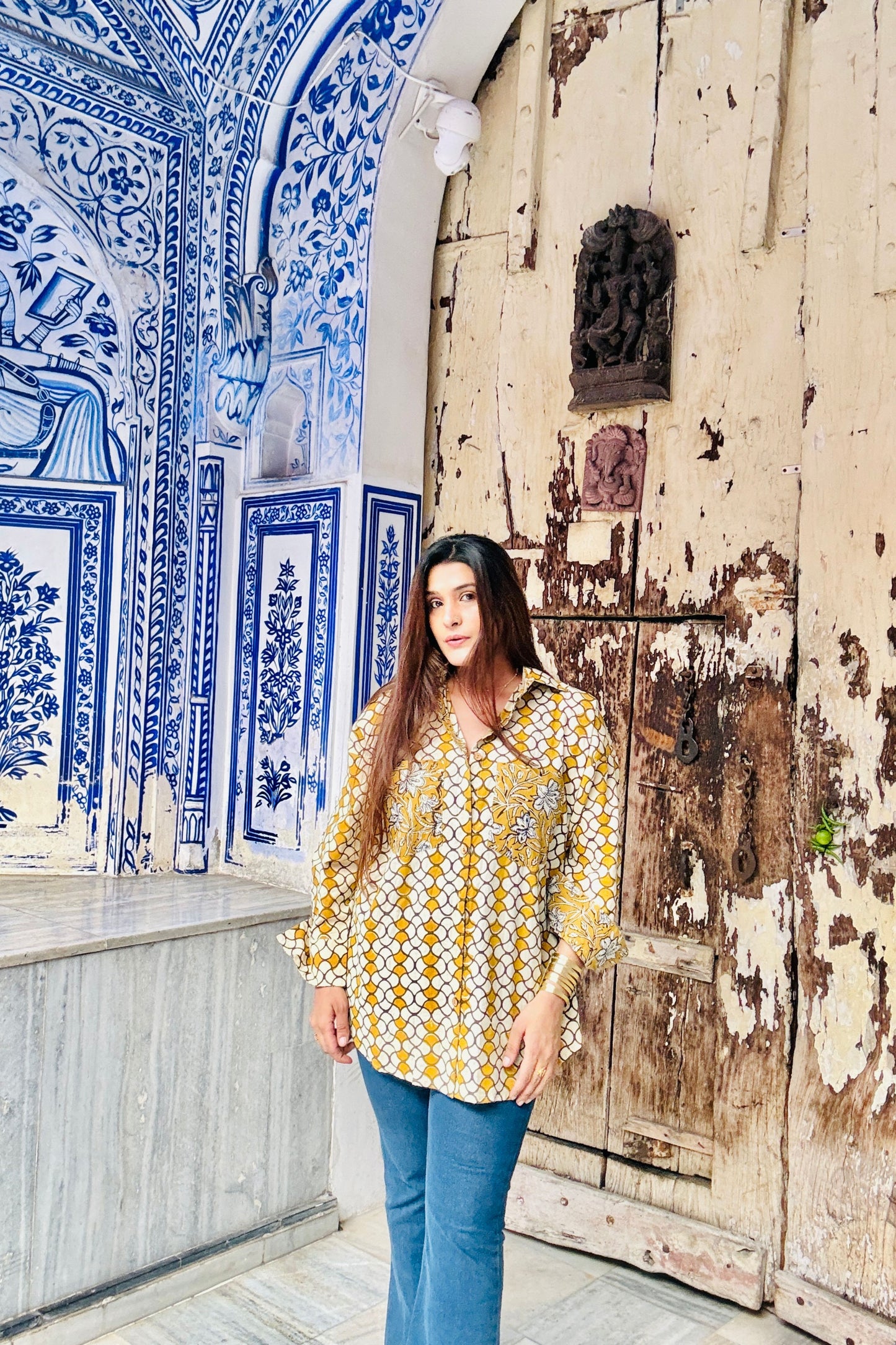 Sunlight Mustard Cotton Hand Block Oversized Shirt - House Of Kaura