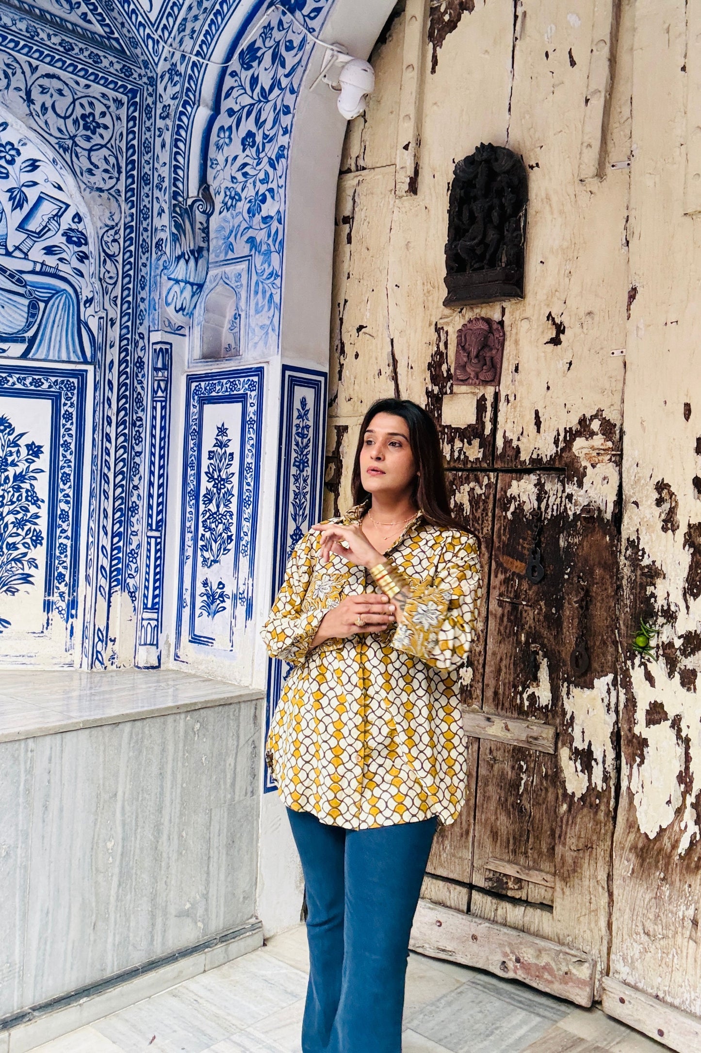 Sunlight Mustard Cotton Hand Block Oversized Shirt - House Of Kaura