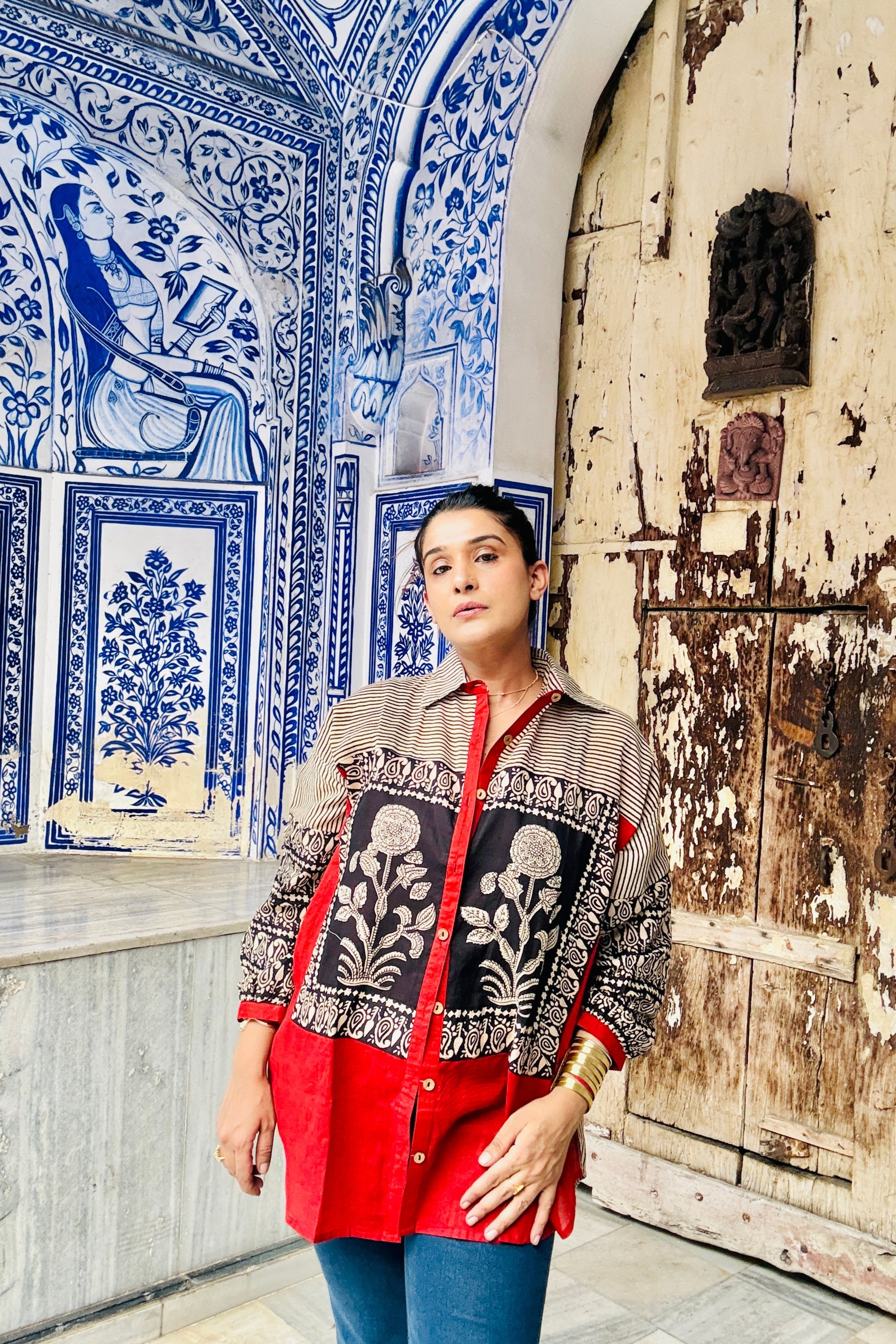 Mehfil Big Floral Hand Block Striped Oversized Cotton Shirt - House Of Kaura