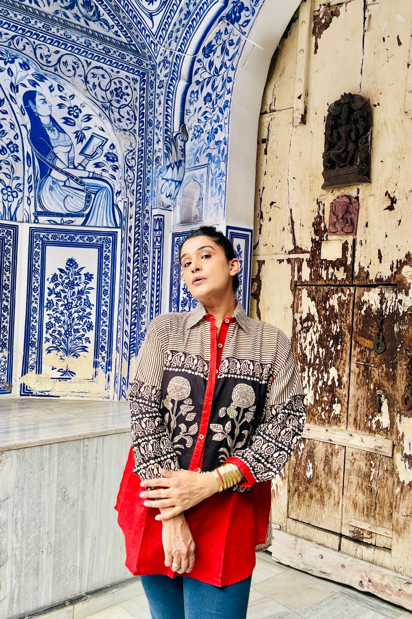 Mehfil Big Floral Hand Block Striped Oversized Cotton Shirt - House Of Kaura