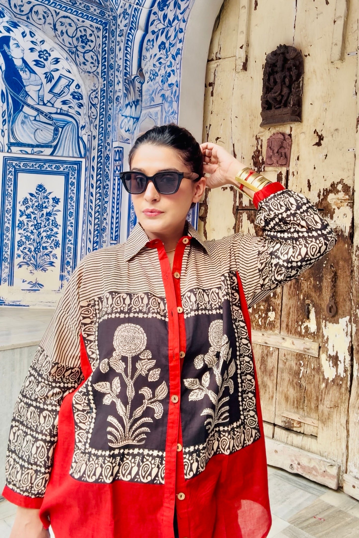 Mehfil Big Floral Hand Block Striped Oversized Cotton Shirt - House Of Kaura