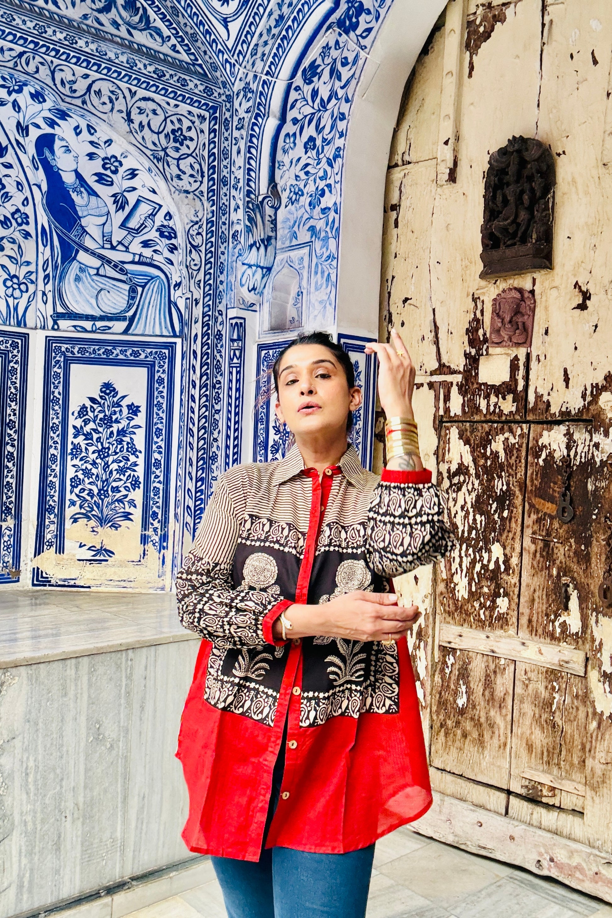 Mehfil Big Floral Hand Block Striped Oversized Cotton Shirt - House Of Kaura