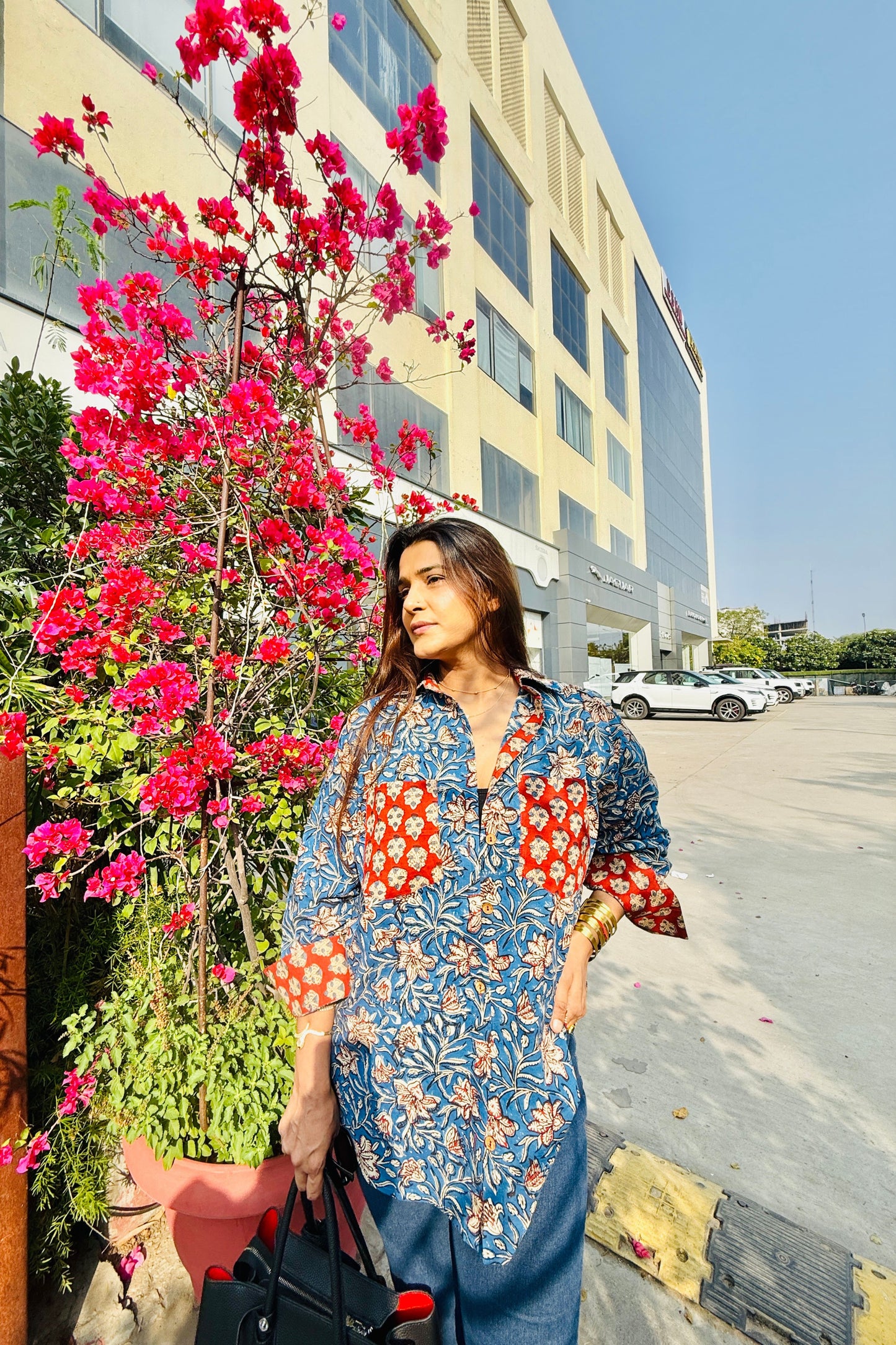 Siyaahi Cotton Hand Block Oversized Shirt - House Of Kaura