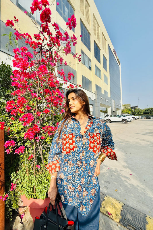 Siyaahi Cotton Hand Block Oversized Shirt - House Of Kaura