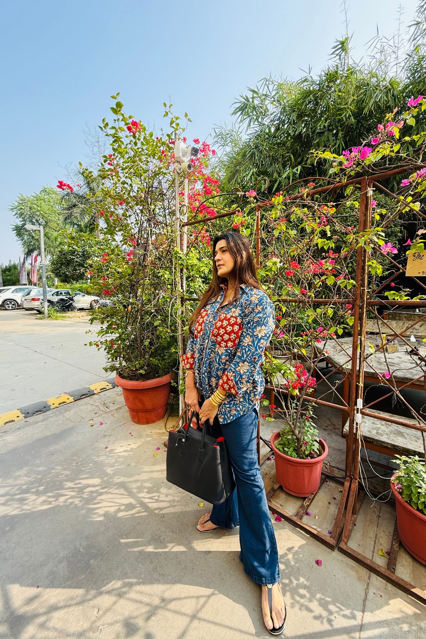 Siyaahi Cotton Hand Block Oversized Shirt - House Of Kaura