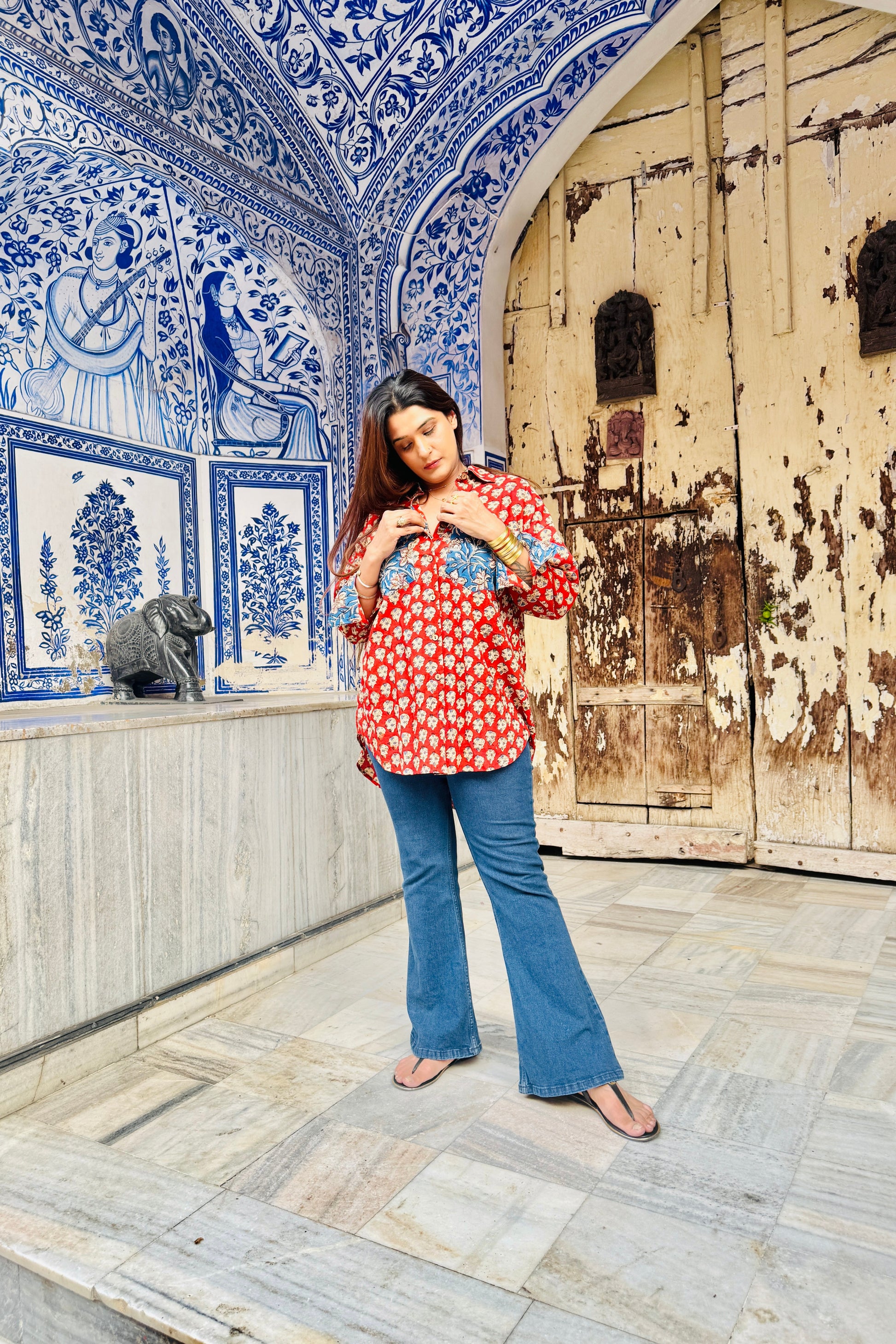 Gulabagh Oversized Cotton Hand Block Shirt - House Of Kaura