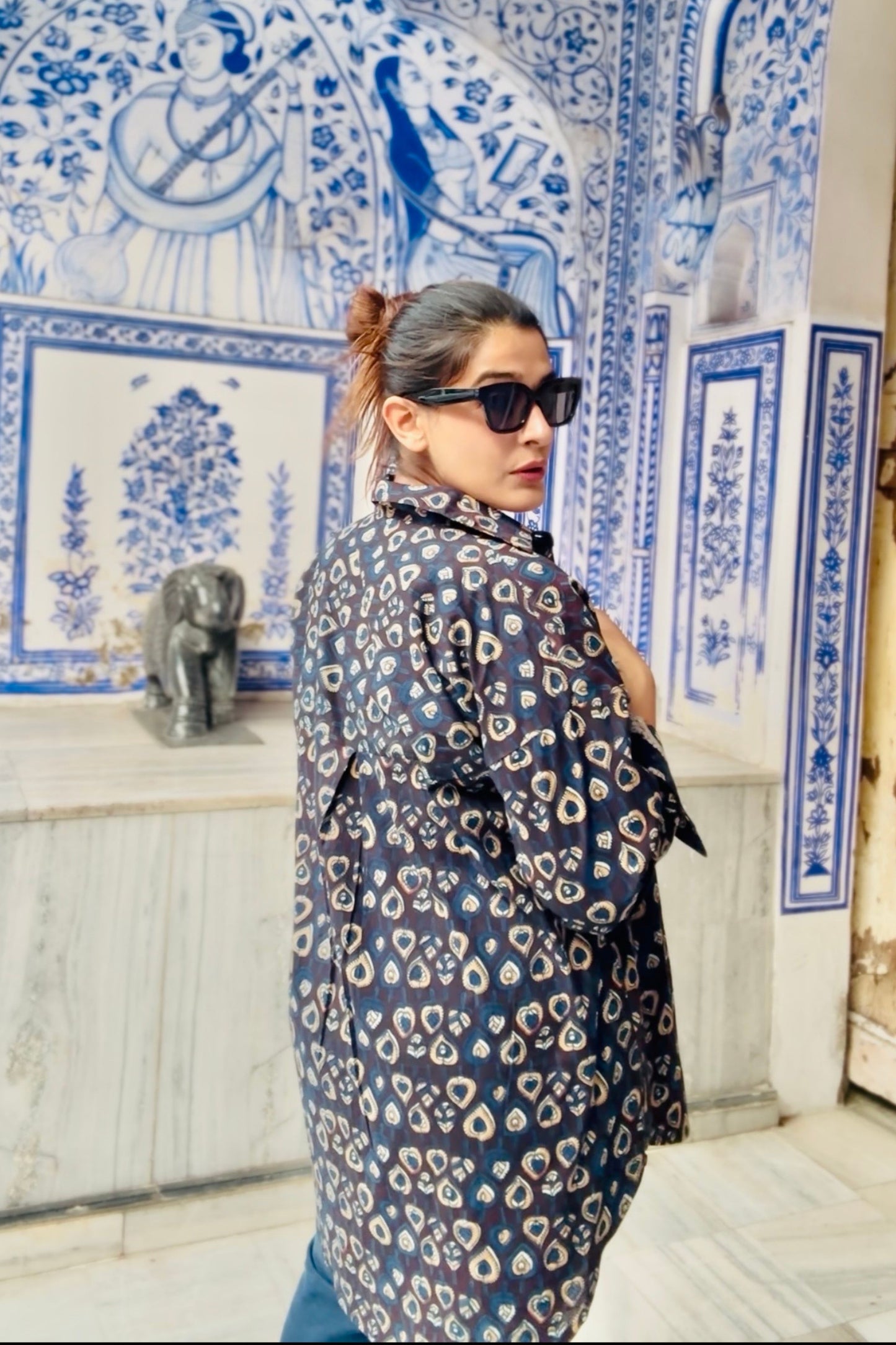 Indigo Story Cotton Natural Printing Oversized Shirt - House Of Kaura