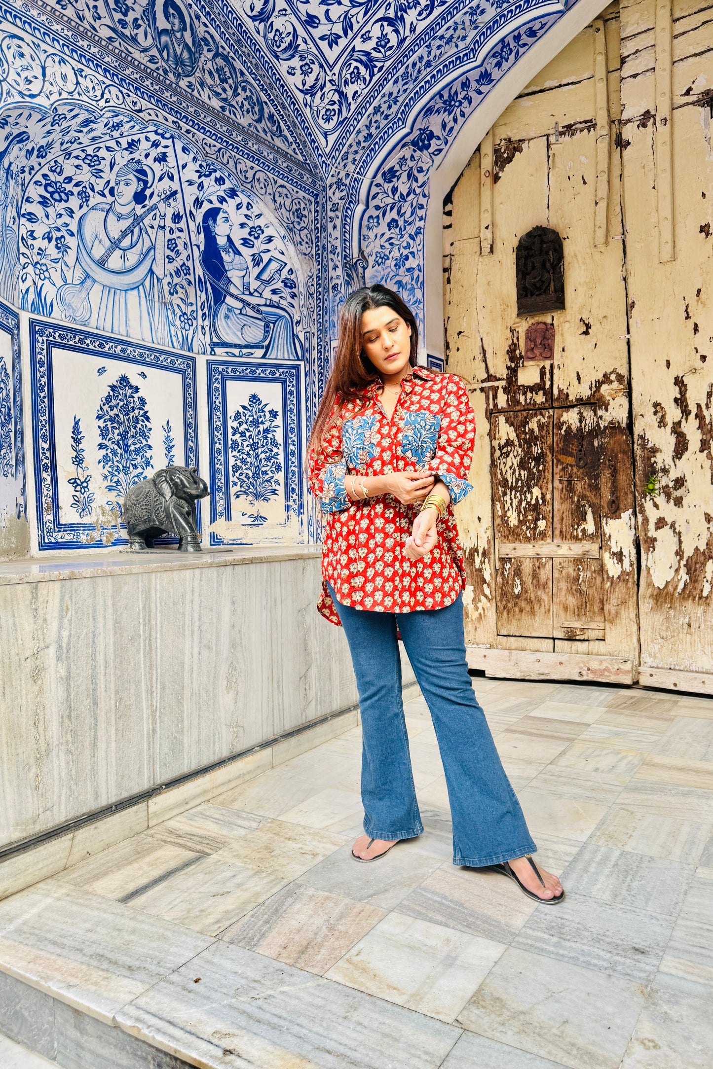 Gulabagh Oversized Cotton Hand Block Shirt - House Of Kaura