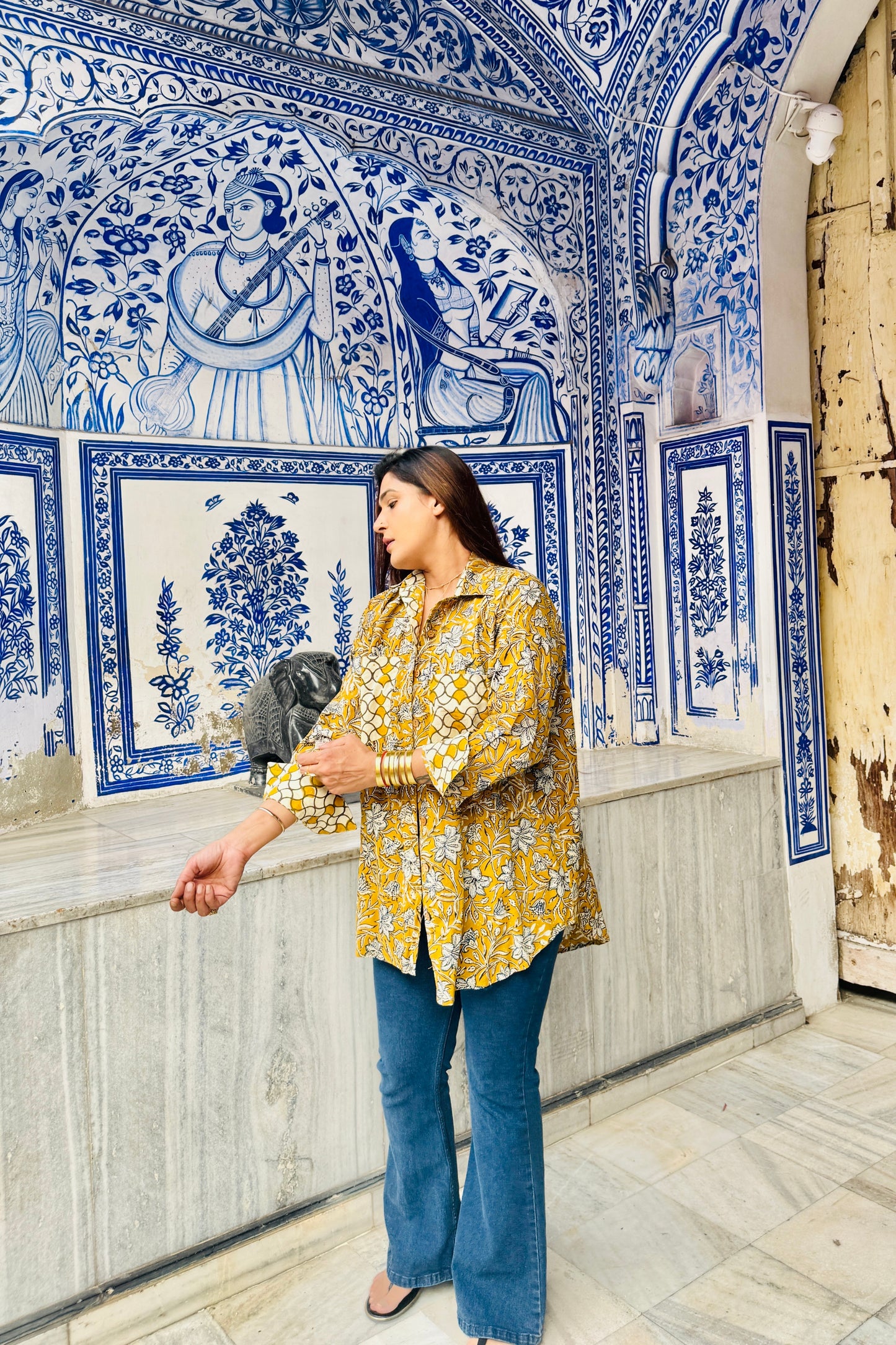 Sunheri Cotton Oversized Mustard Printed Natural Block Printed Shirt - House Of Kaura