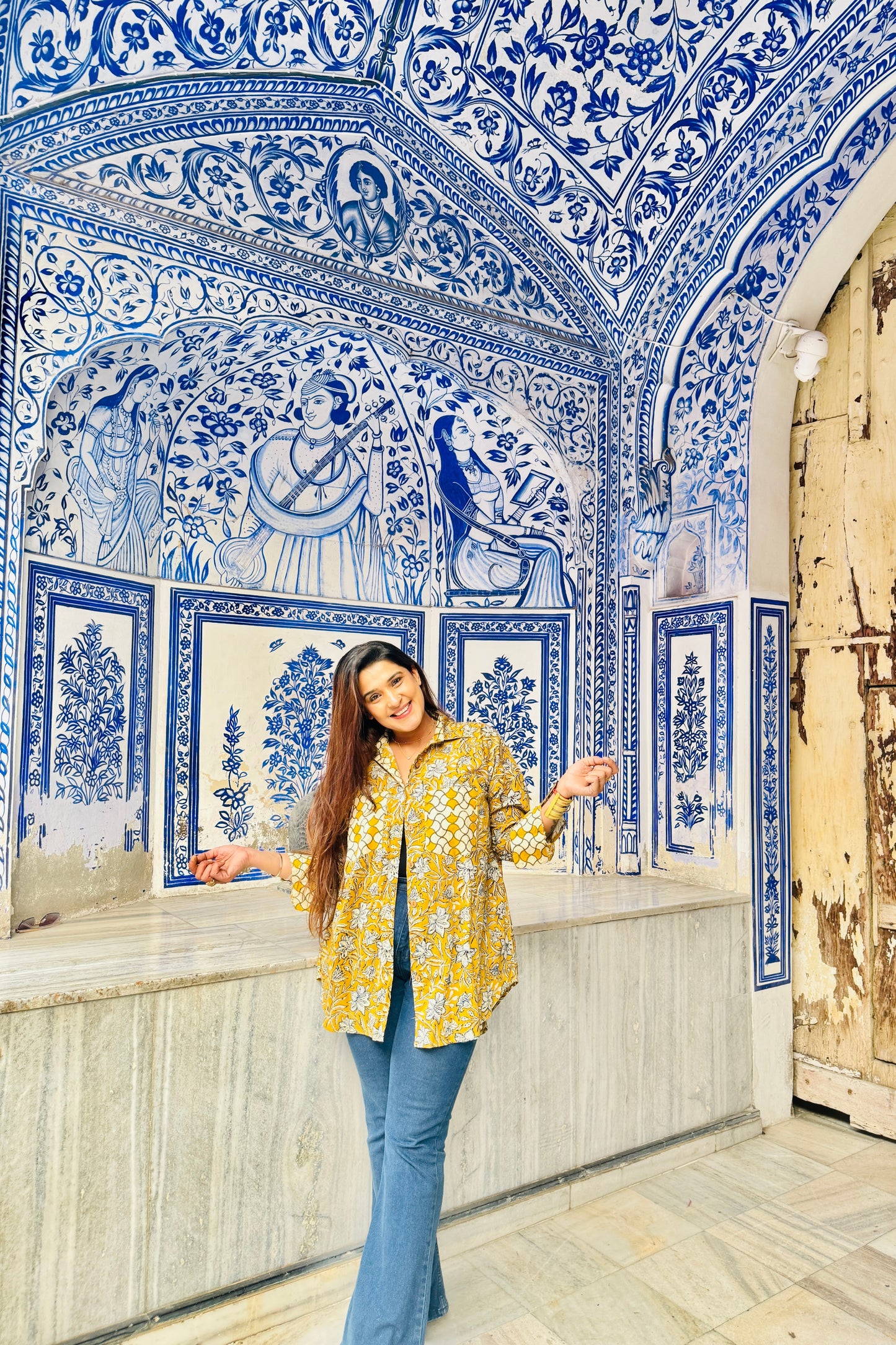 Sunheri Cotton Oversized Mustard Printed Natural Block Printed Shirt - House Of Kaura