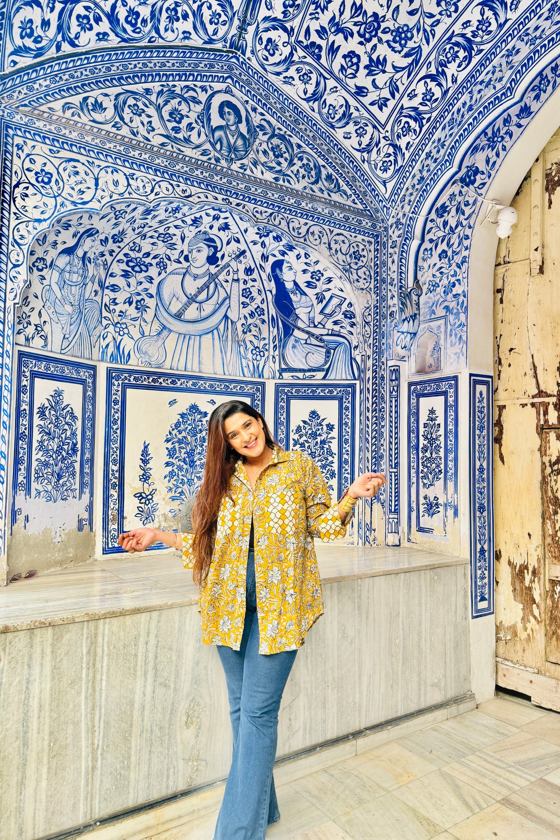 Sunheri Cotton Oversized Mustard Printed Natural Block Printed Shirt - House Of Kaura