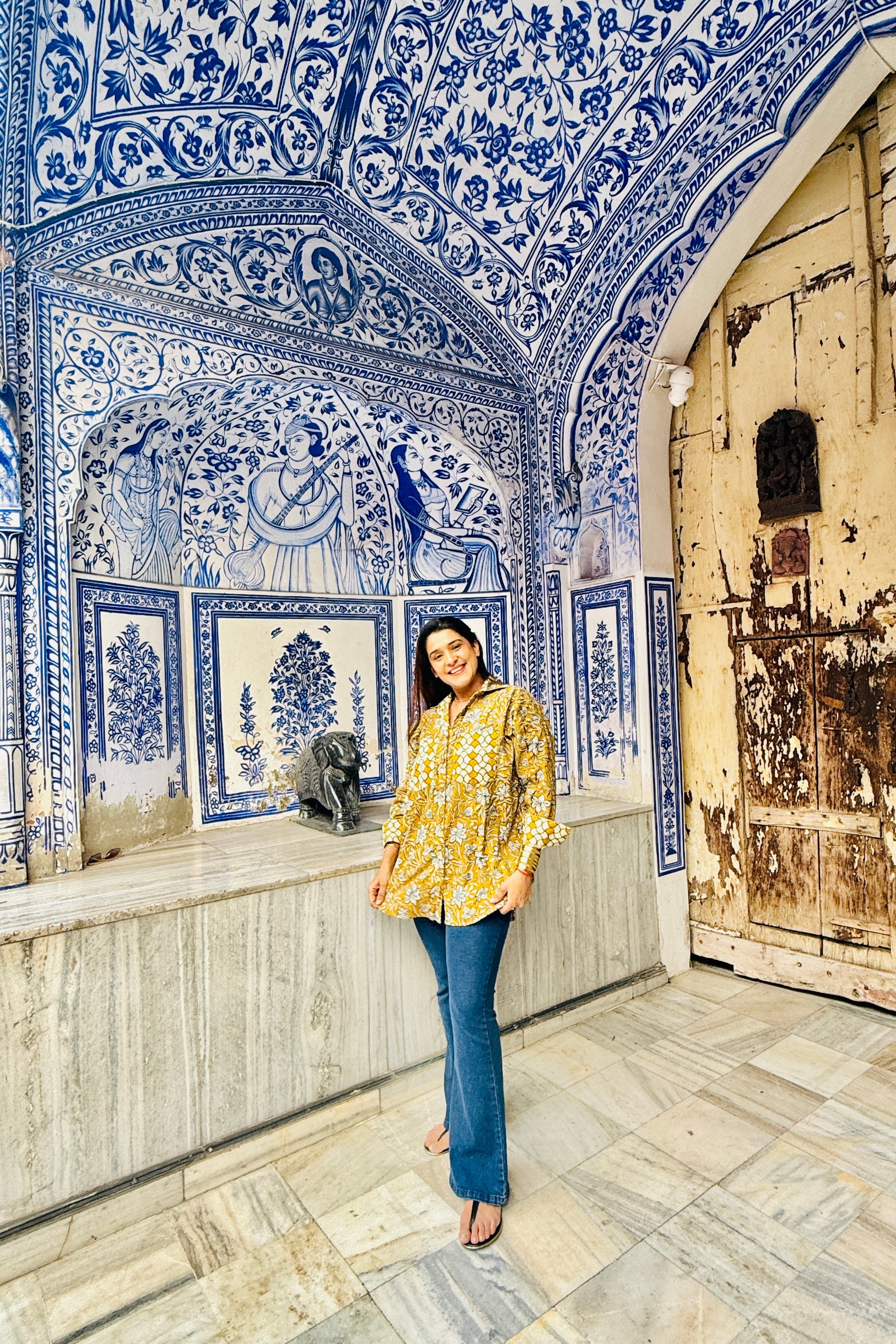 Sunheri Cotton Oversized Mustard Printed Natural Block Printed Shirt - House Of Kaura