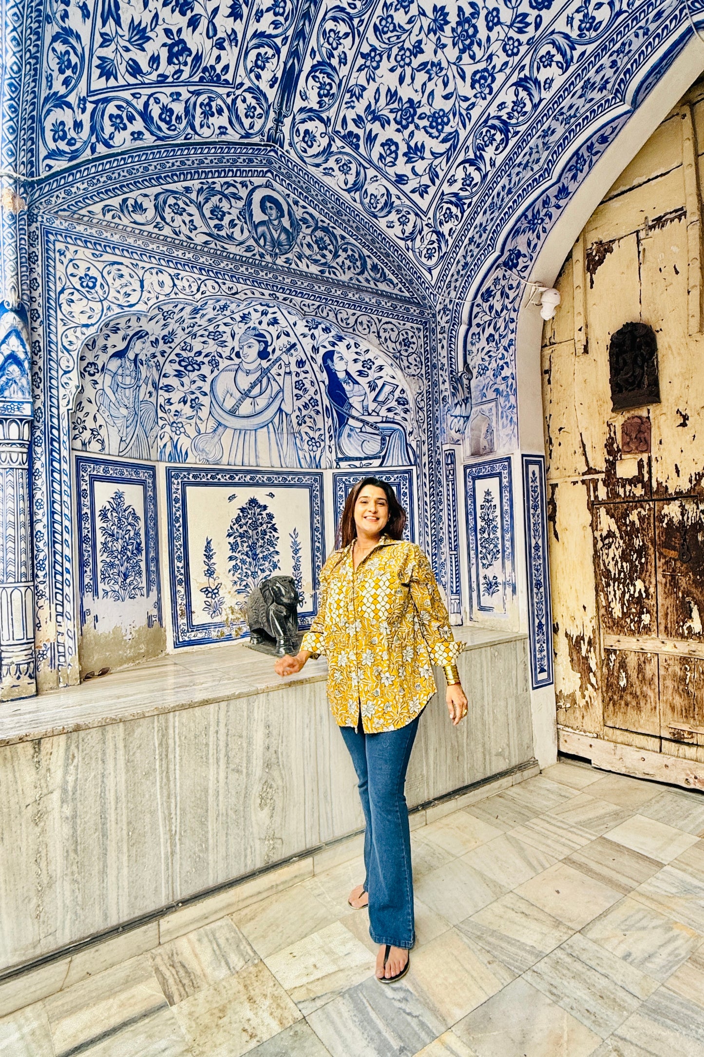 Sunheri Cotton Oversized Mustard Printed Natural Block Printed Shirt - House Of Kaura