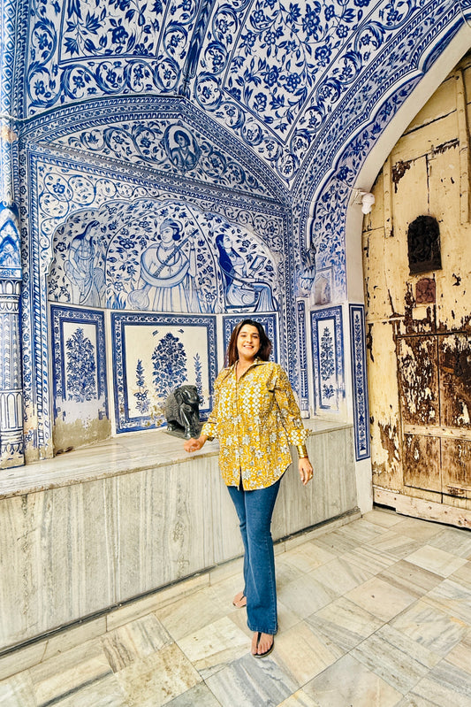 Sunheri Cotton Oversized Mustard Printed Natural Block Printed Shirt - House Of Kaura