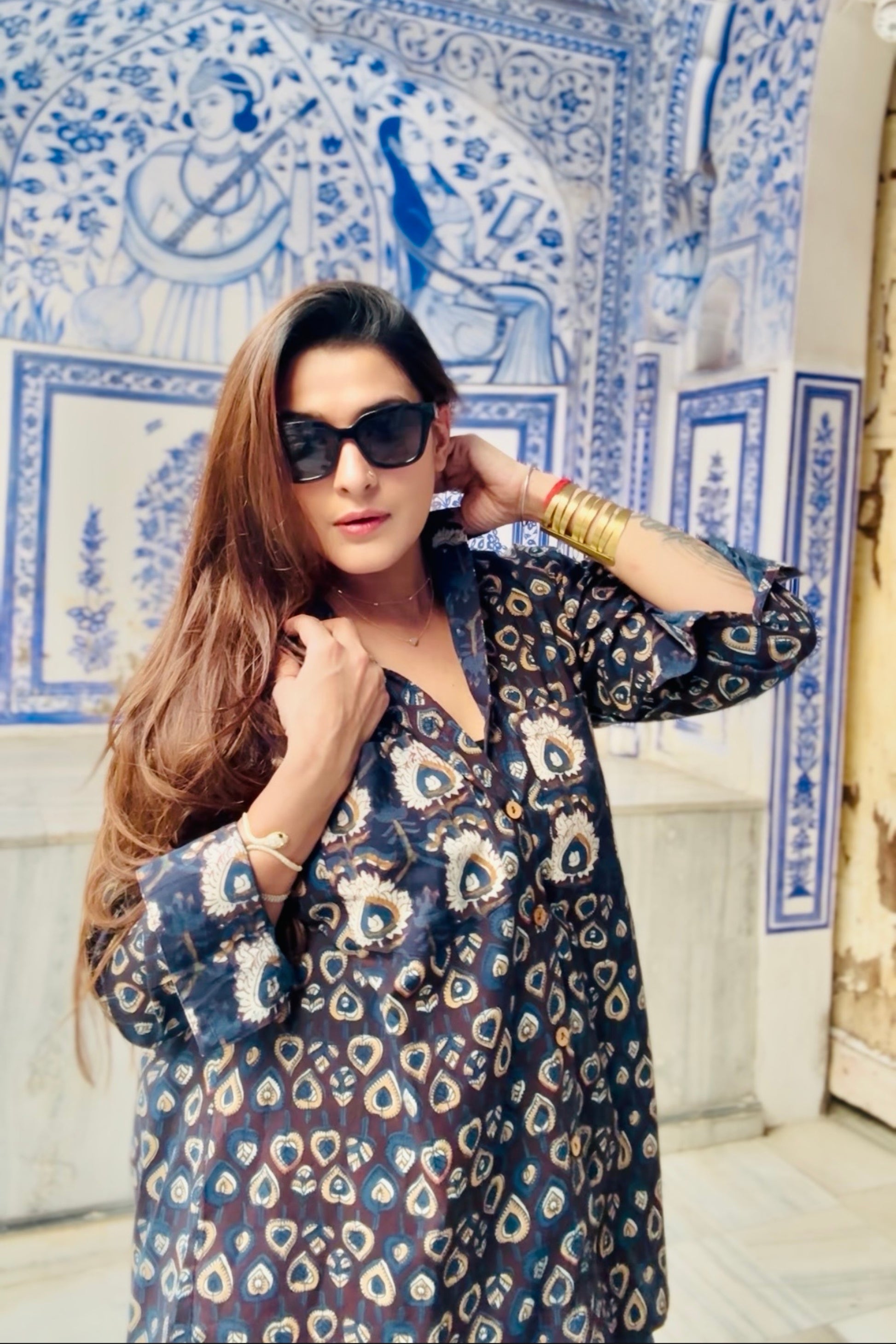 Indigo Story Cotton Natural Printing Oversized Shirt - House Of Kaura