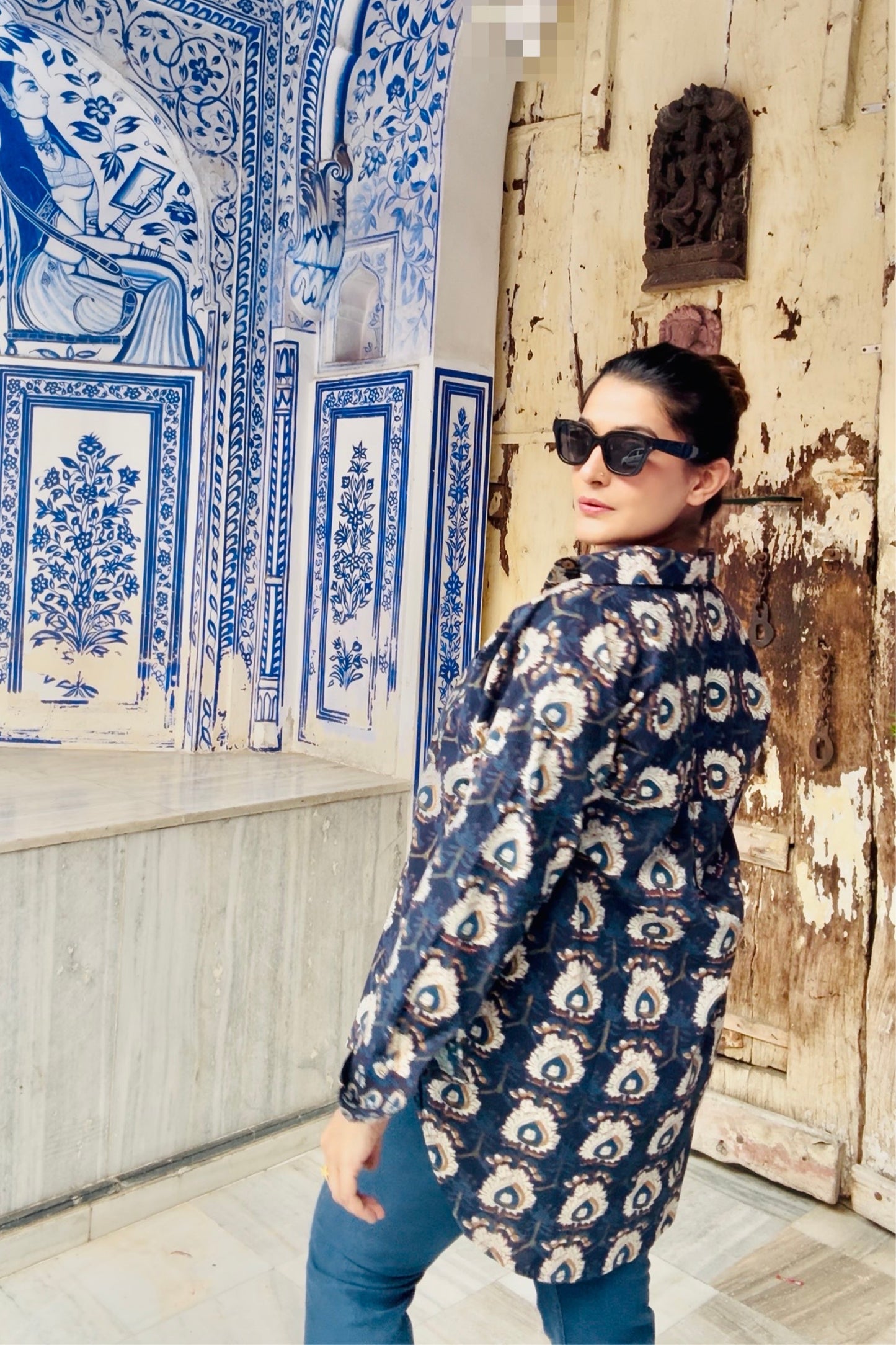 Indigo Story Cotton Natural Printing Oversized Shirt - House Of Kaura