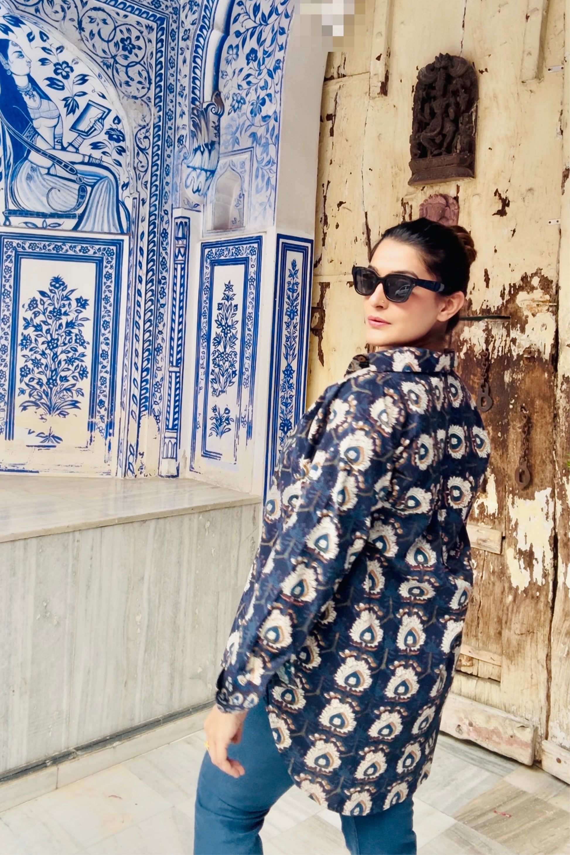 Indigo Story Cotton Natural Printing Oversized Shirt - House Of Kaura