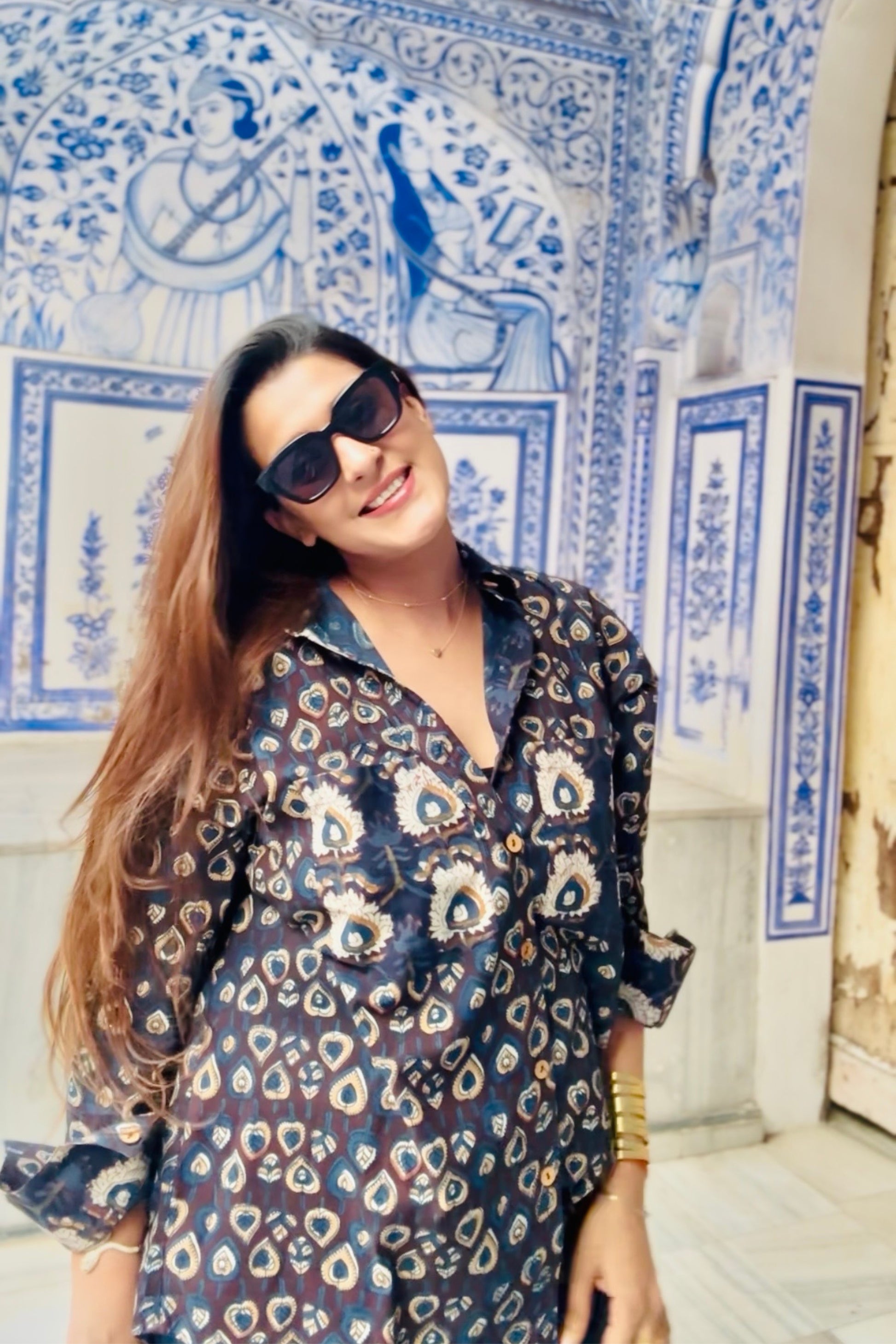 Indigo Story Cotton Natural Printing Oversized Shirt - House Of Kaura