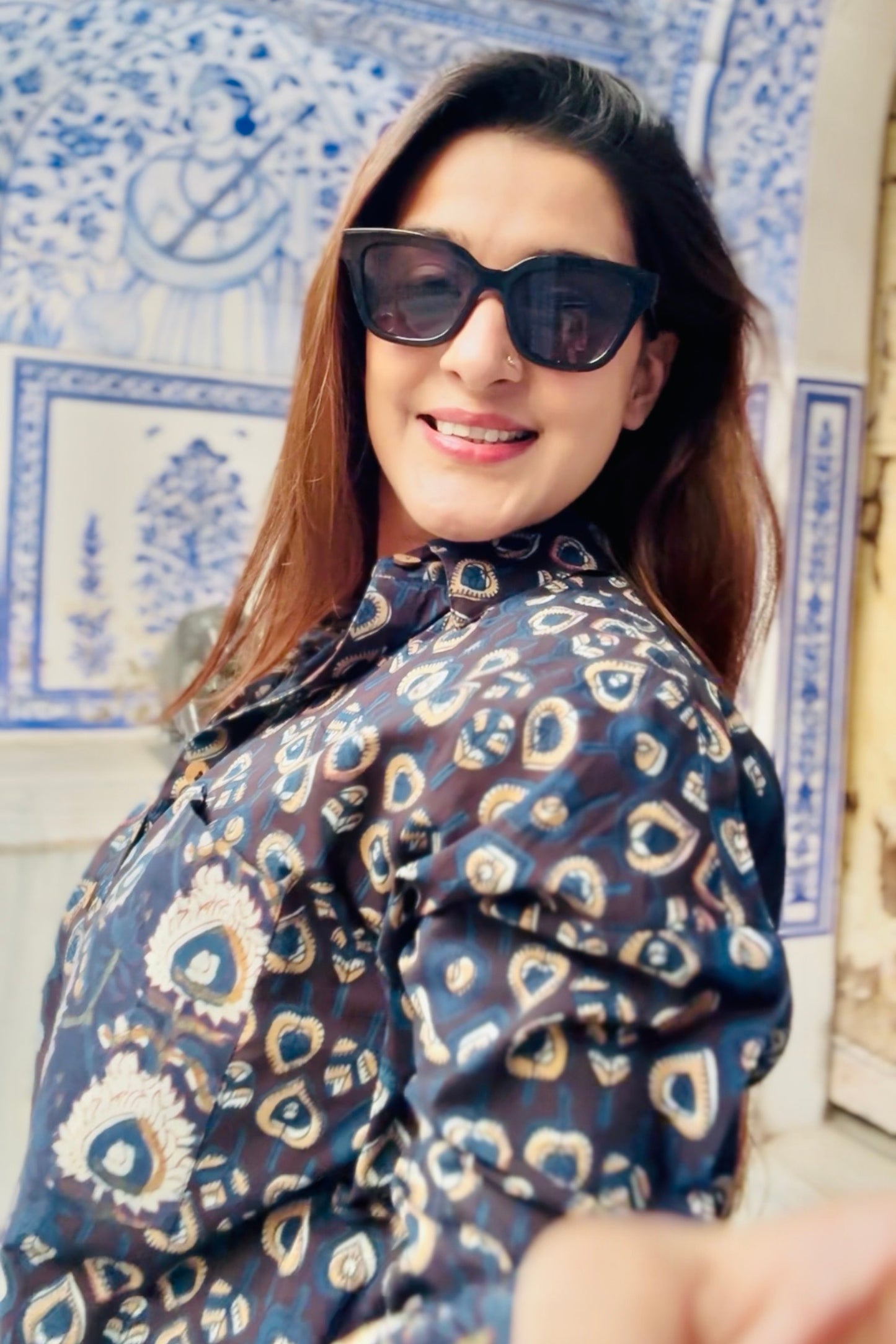 Indigo Story Cotton Natural Printing Oversized Shirt - House Of Kaura