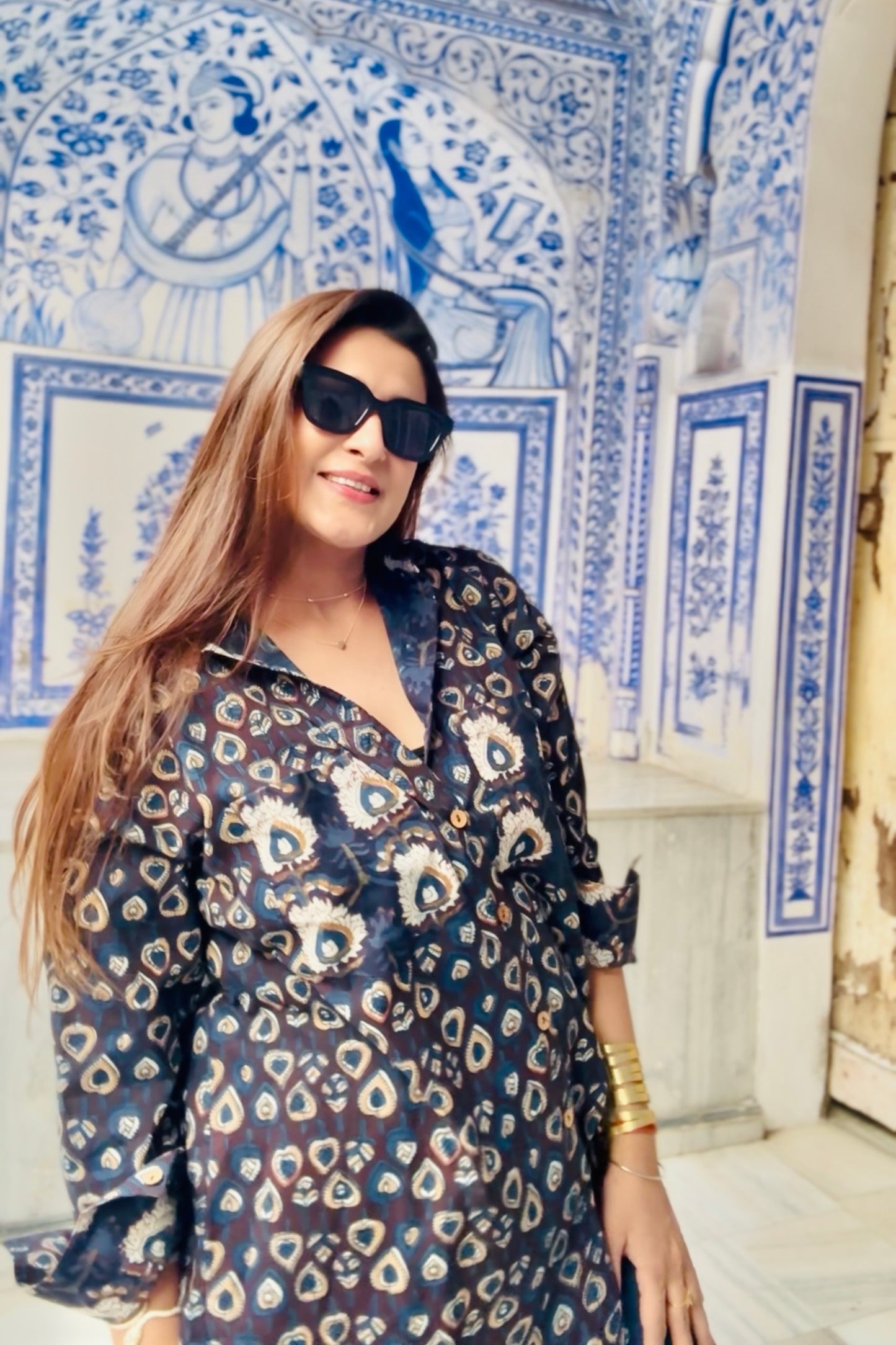 Indigo Story Cotton Natural Printing Oversized Shirt - House Of Kaura