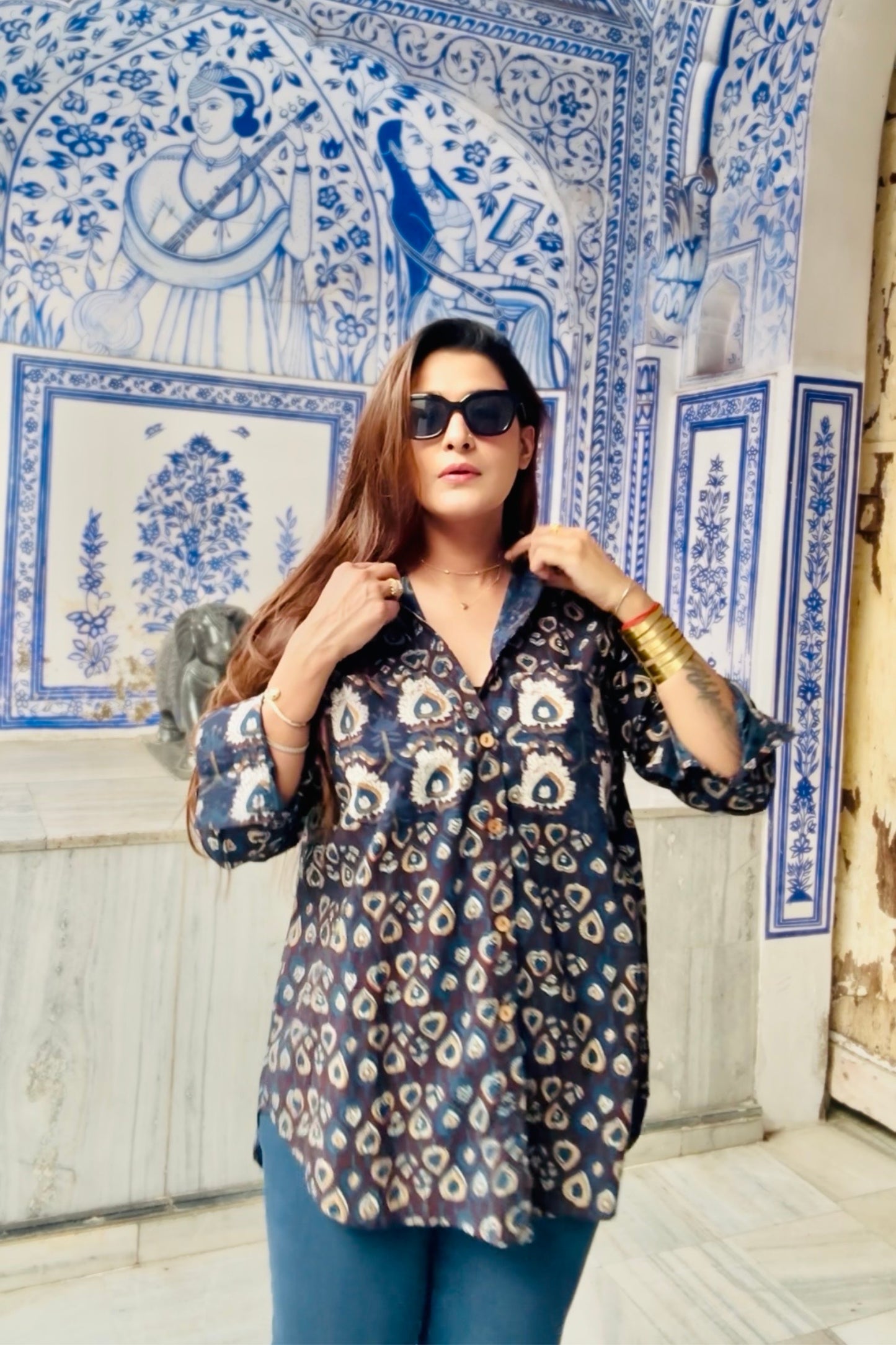 Indigo Story Cotton Natural Printing Oversized Shirt - House Of Kaura