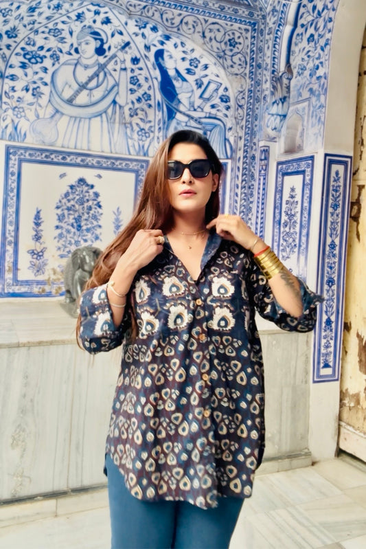 Indigo Story Cotton Natural Printing Oversized Shirt - House Of Kaura