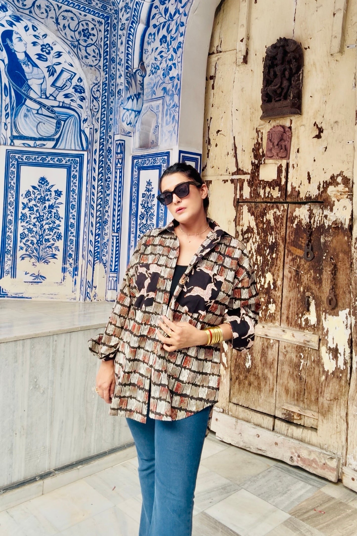 Desert Stripes Cotton Hand Block Oversized Shirt - House Of Kaura