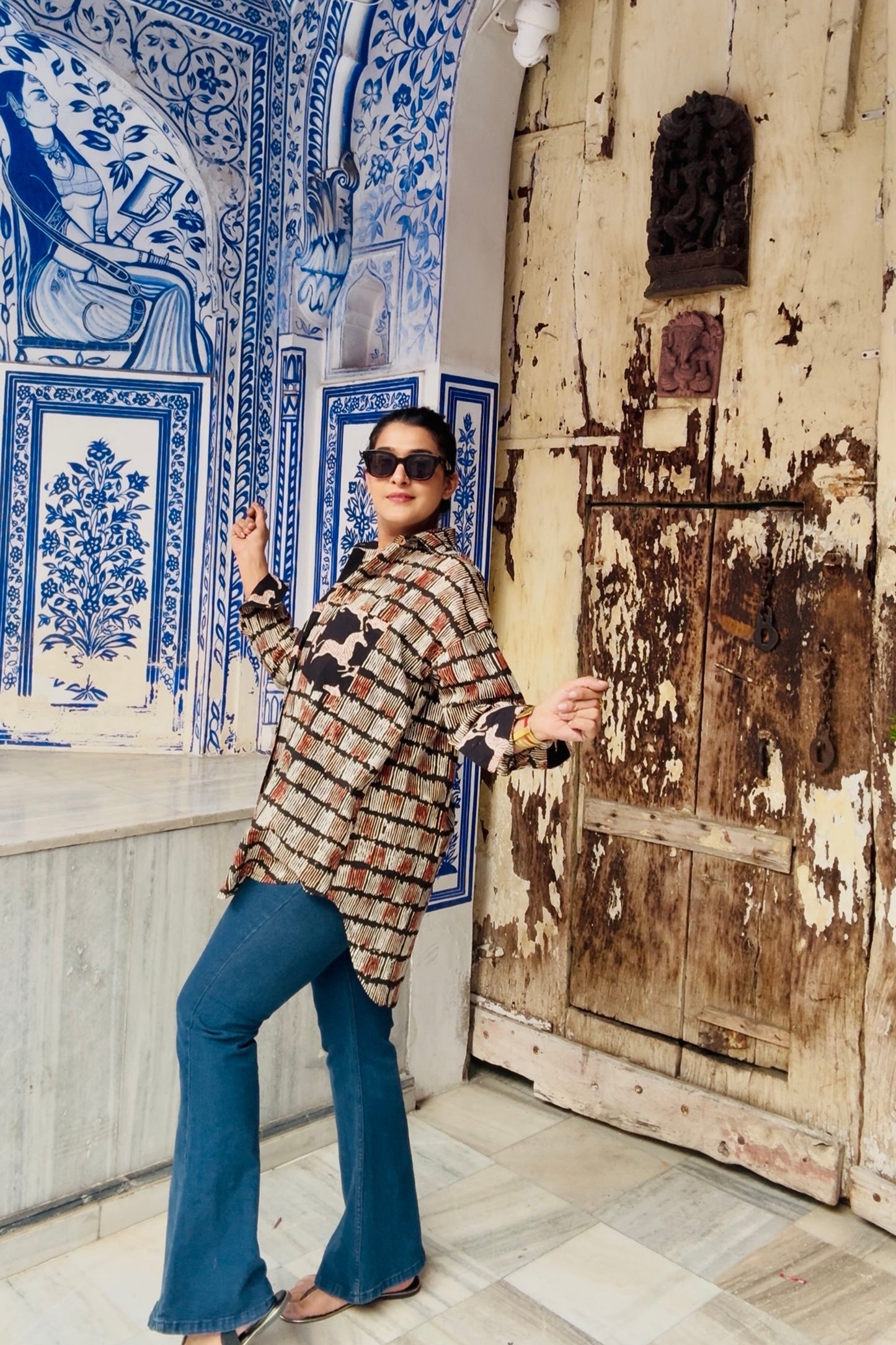 Desert Stripes Cotton Hand Block Oversized Shirt - House Of Kaura