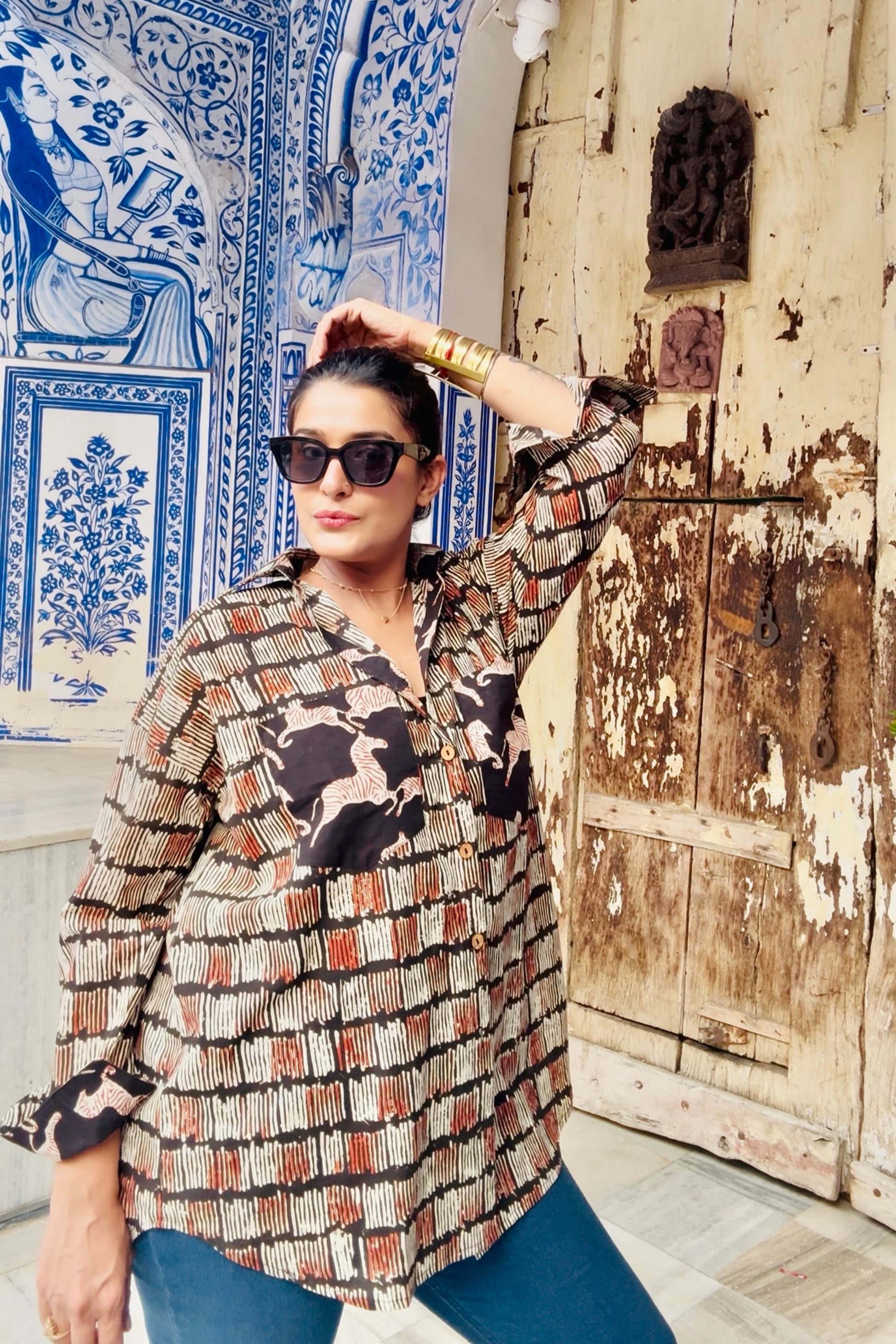 Desert Stripes Cotton Hand Block Oversized Shirt - House Of Kaura