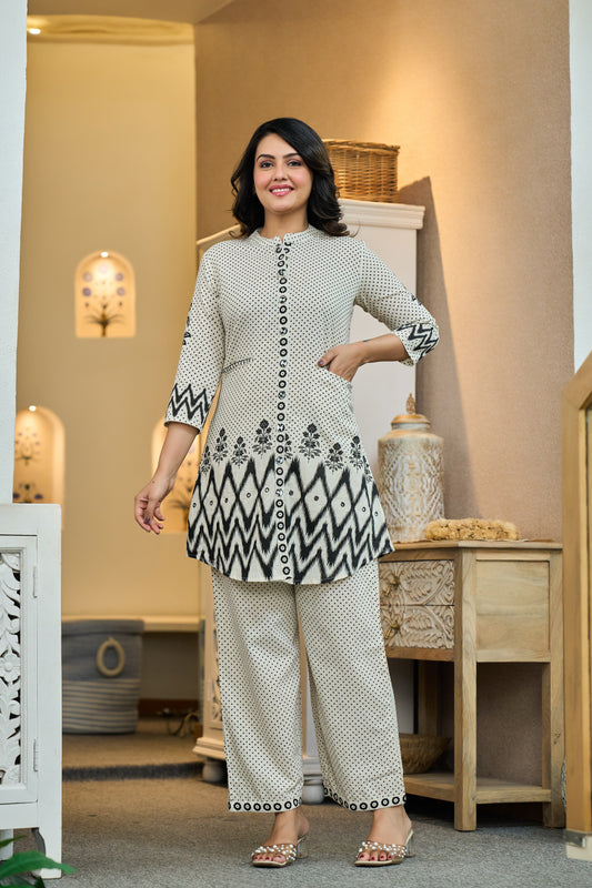 Black Cotton Co-ord Set with Dot Design and Embroidery