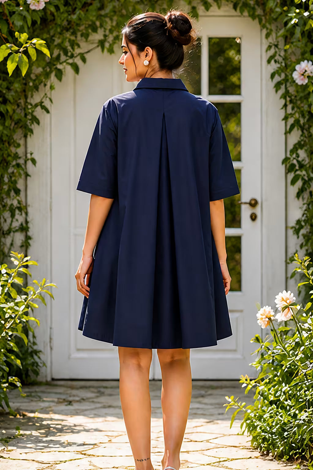 Blue Cotton Flared Shirt Dress with Pockets – Relaxed Summer Dress - House Of Kaura