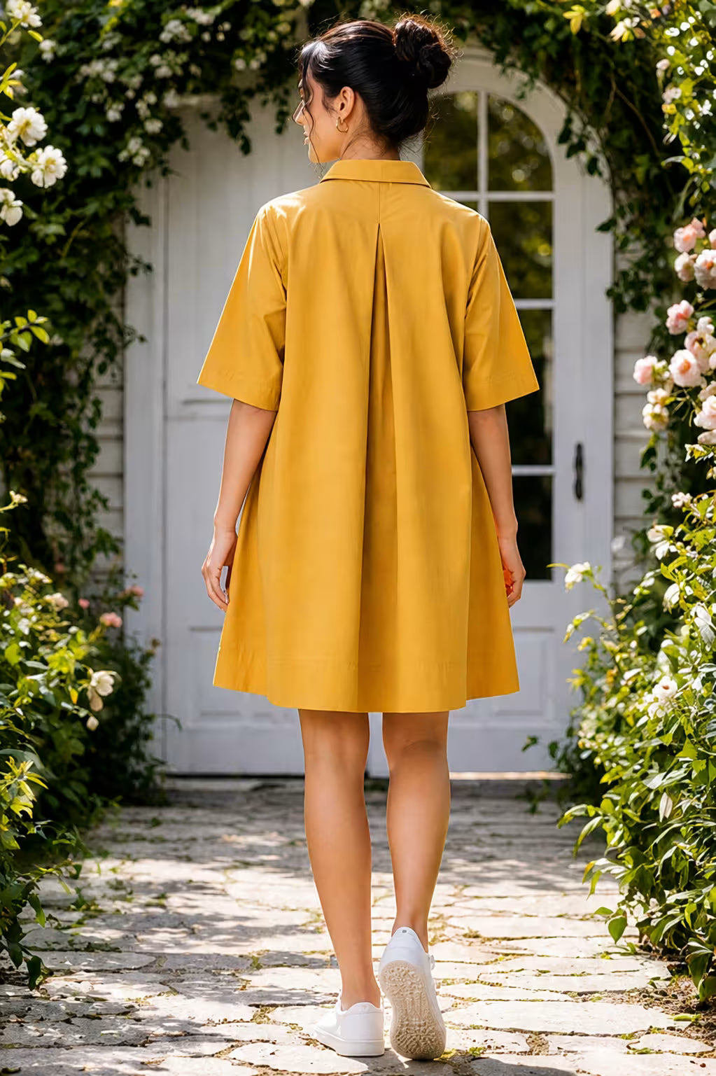 English Mustard Cotton Flared Shirt Dress with Pockets – Summer Dress - House Of Kaura