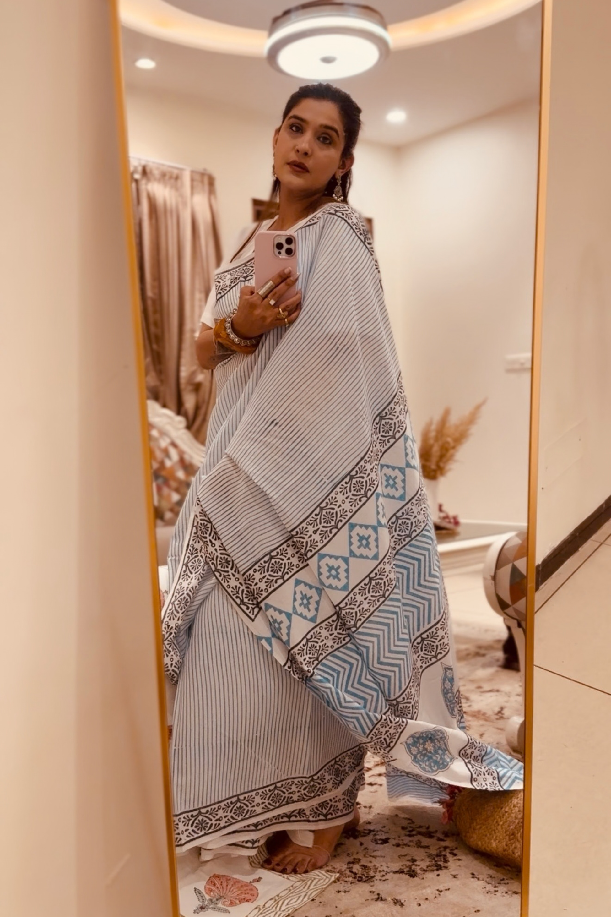 Fiza blue striped hand block pure cotton mulmul sari - House Of Kaura