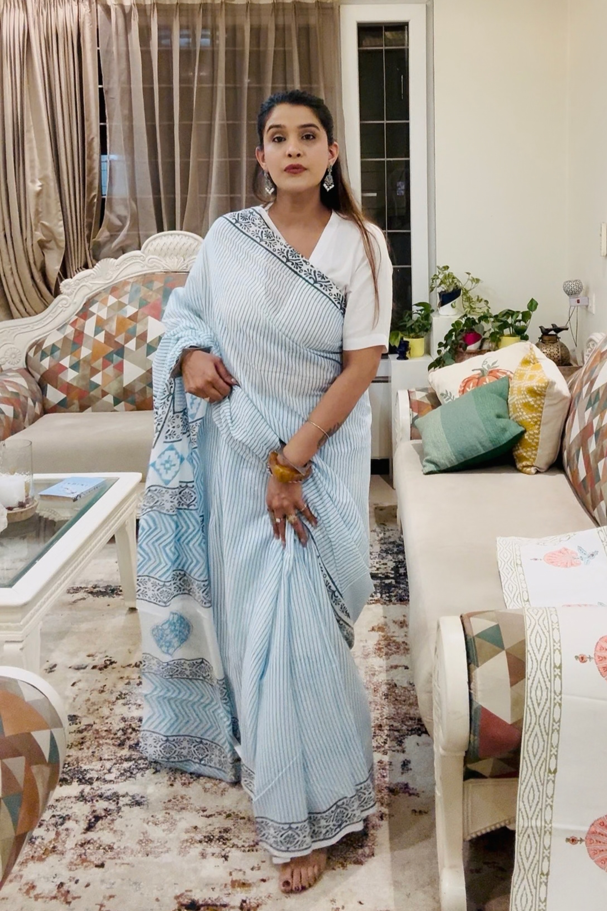Fiza blue striped hand block pure cotton mulmul sari - House Of Kaura