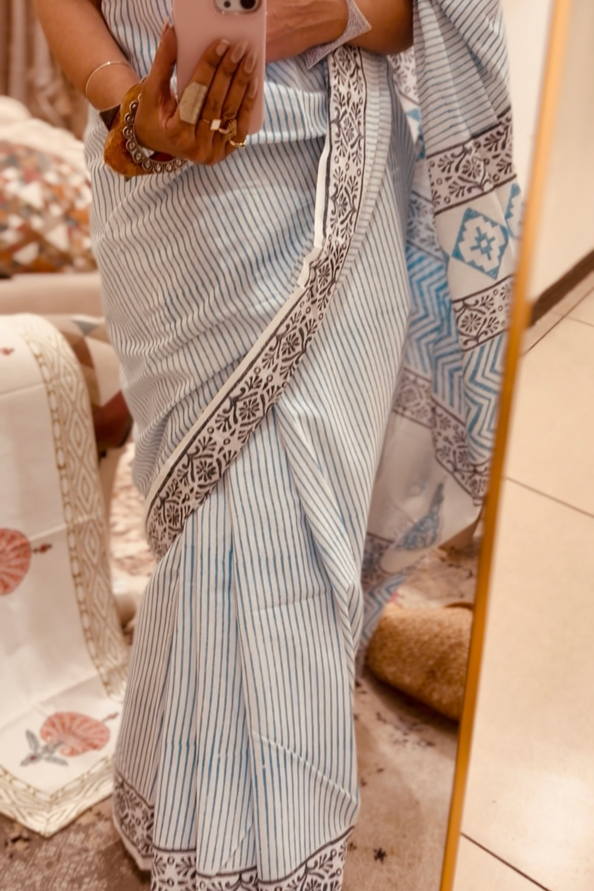Fiza blue striped hand block pure cotton mulmul sari - House Of Kaura