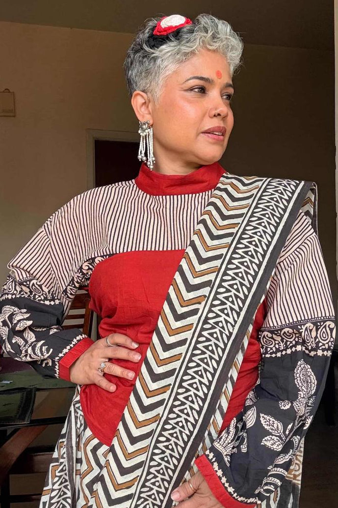 Zic Zac Patakha Cotton Mal Mal Sari - House Of Kaura