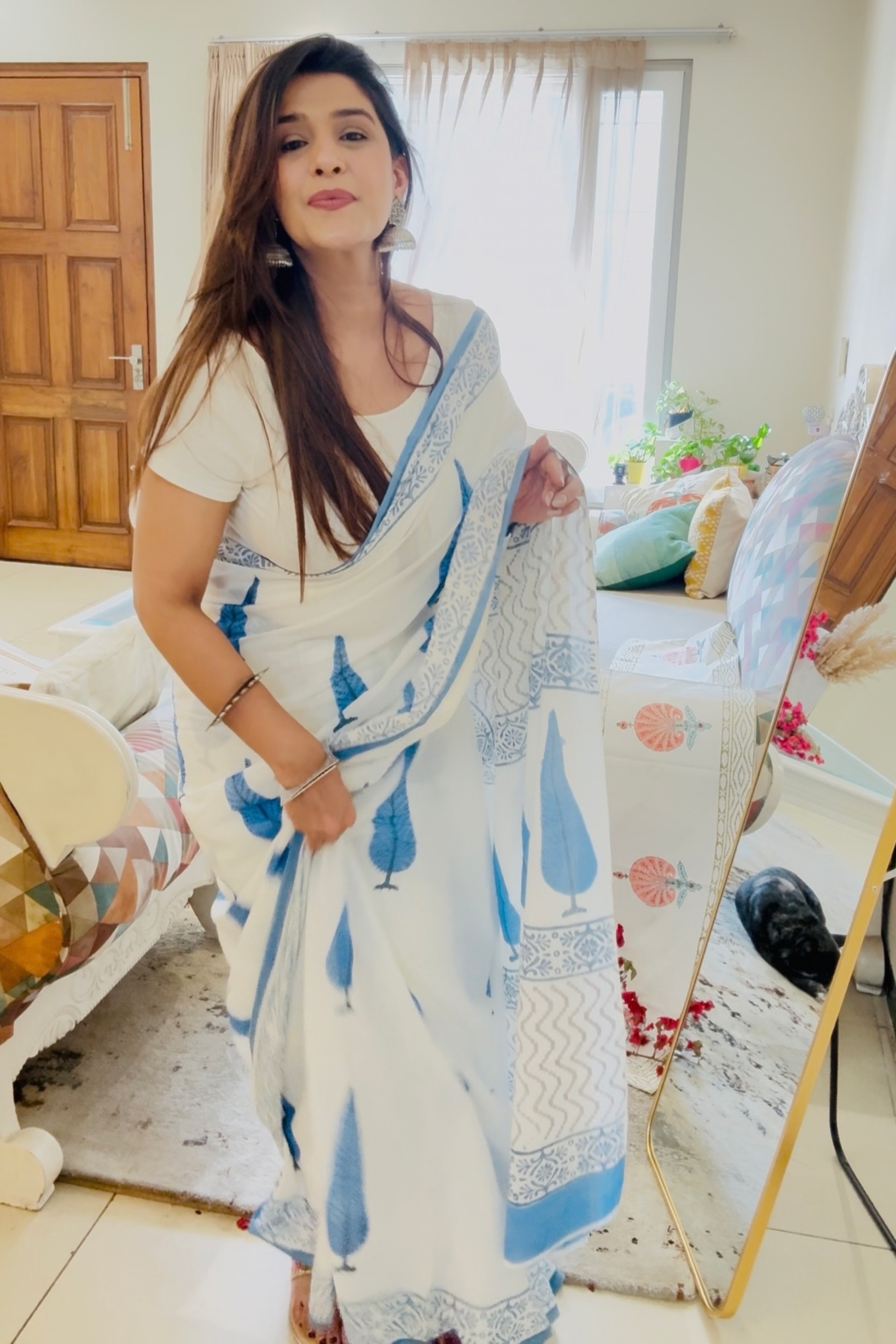 Neel pankhuri hand block pure cotton mulmul sari - House Of Kaura