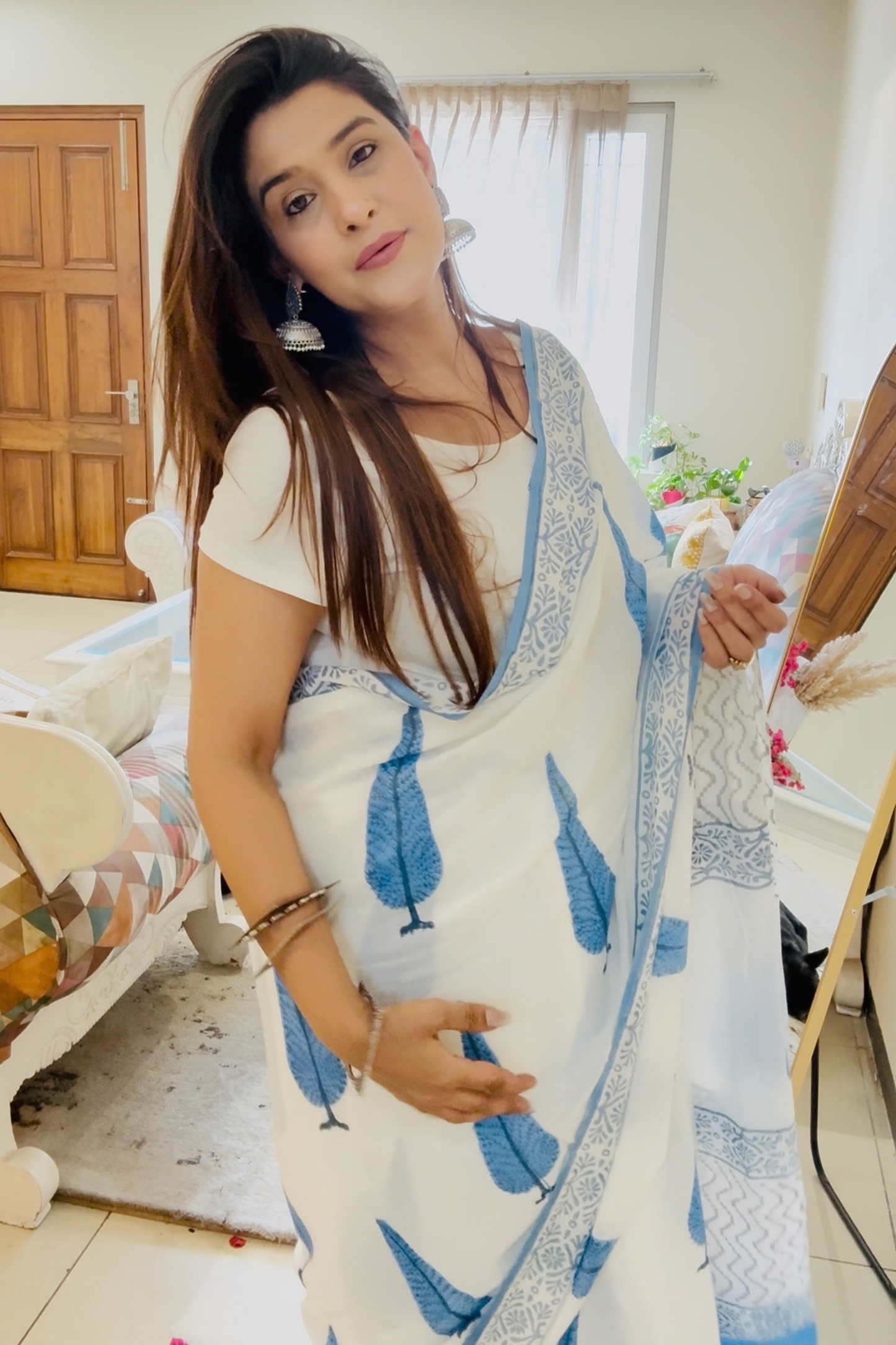 Neel pankhuri hand block pure cotton mulmul sari - House Of Kaura