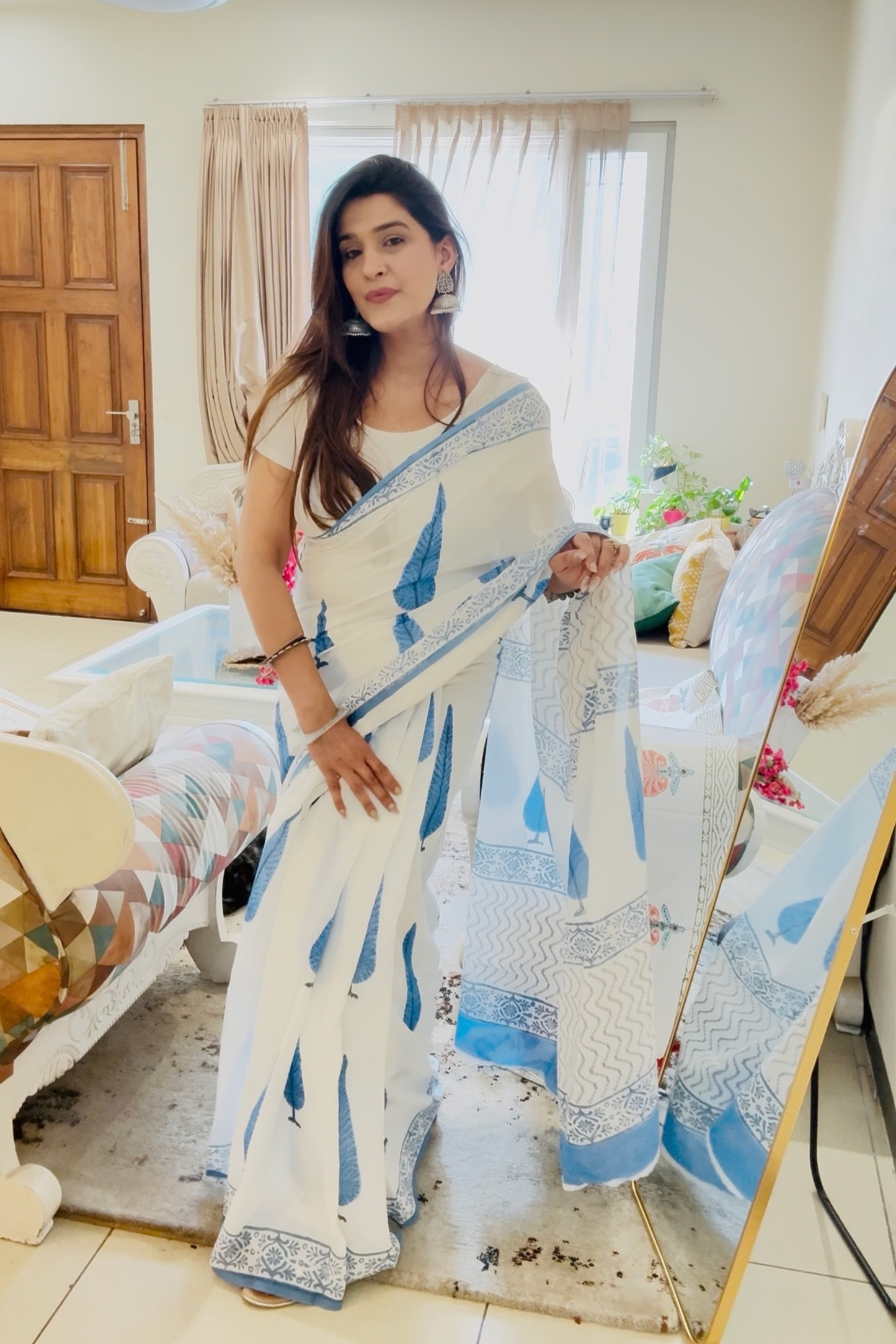 Neel pankhuri hand block pure cotton mulmul sari - House Of Kaura