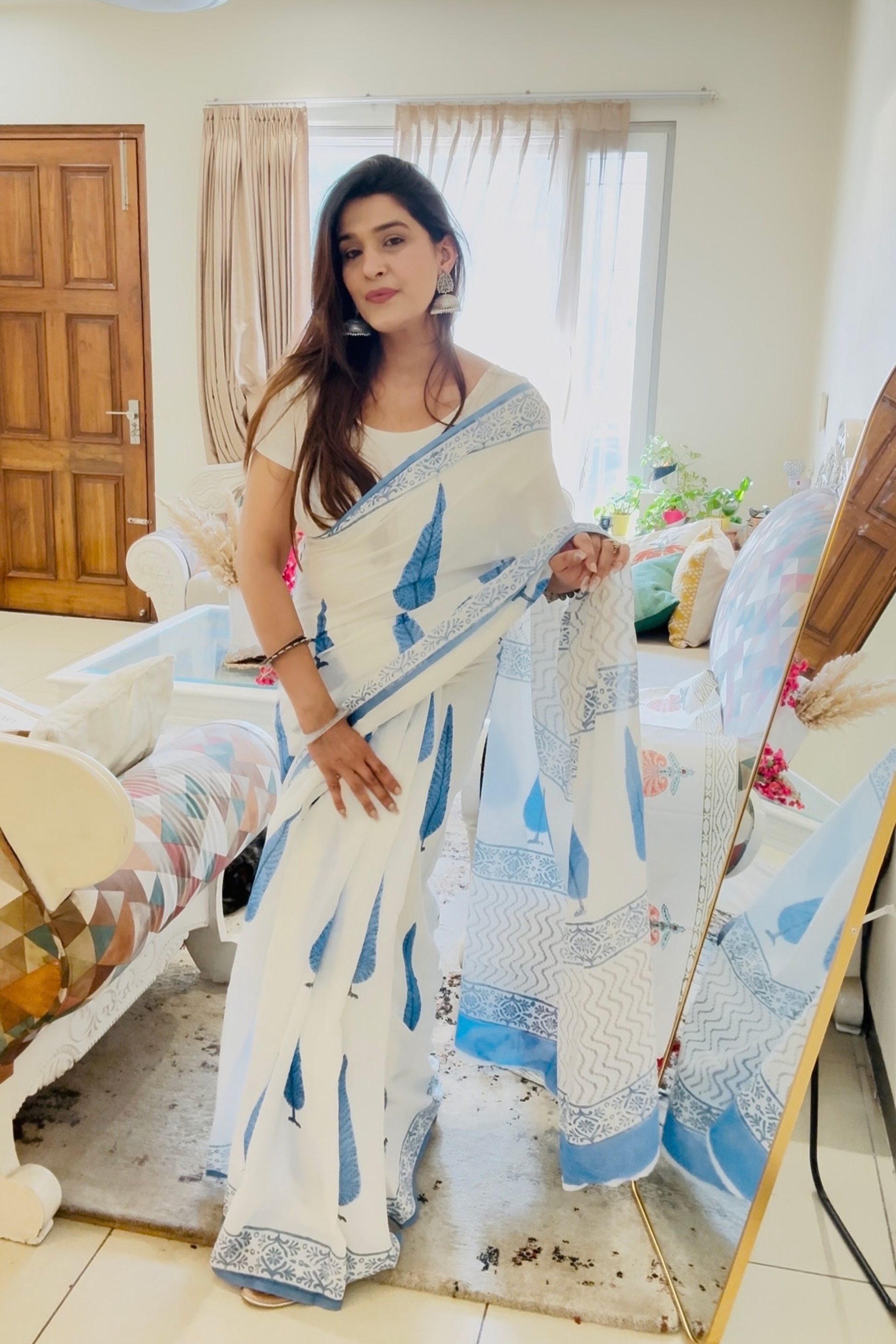 Neel pankhuri hand block pure cotton mulmul sari - House Of Kaura