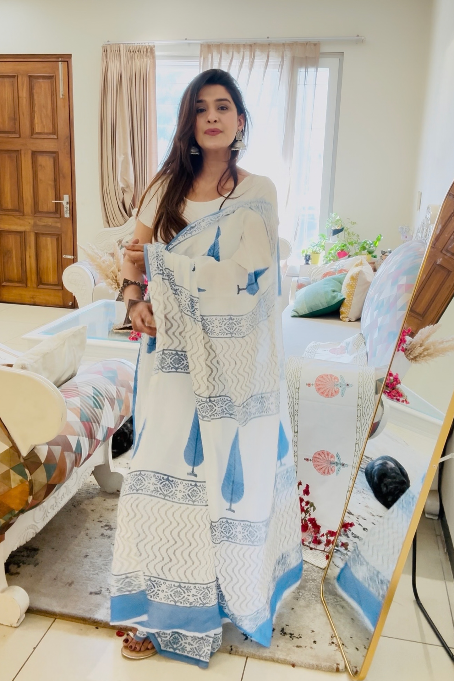 Neel pankhuri hand block pure cotton mulmul sari - House Of Kaura